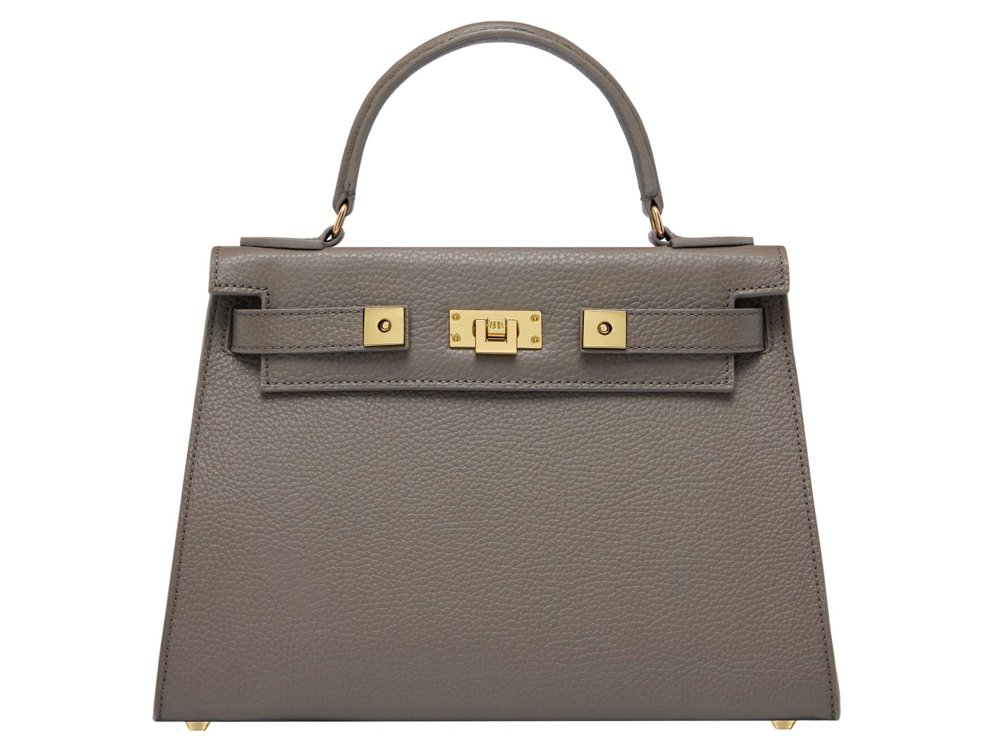 A large taupe coloured, natural grainy print Italian calf leather handbag with top handle, detachable strap and gold plated hardware.