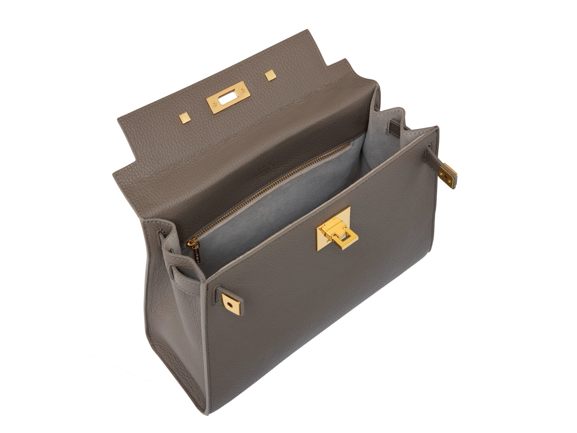 Inside of a large taupe coloured, natural grainy print Italian calf leather handbag with top handle, detachable strap and gold plated hardware.