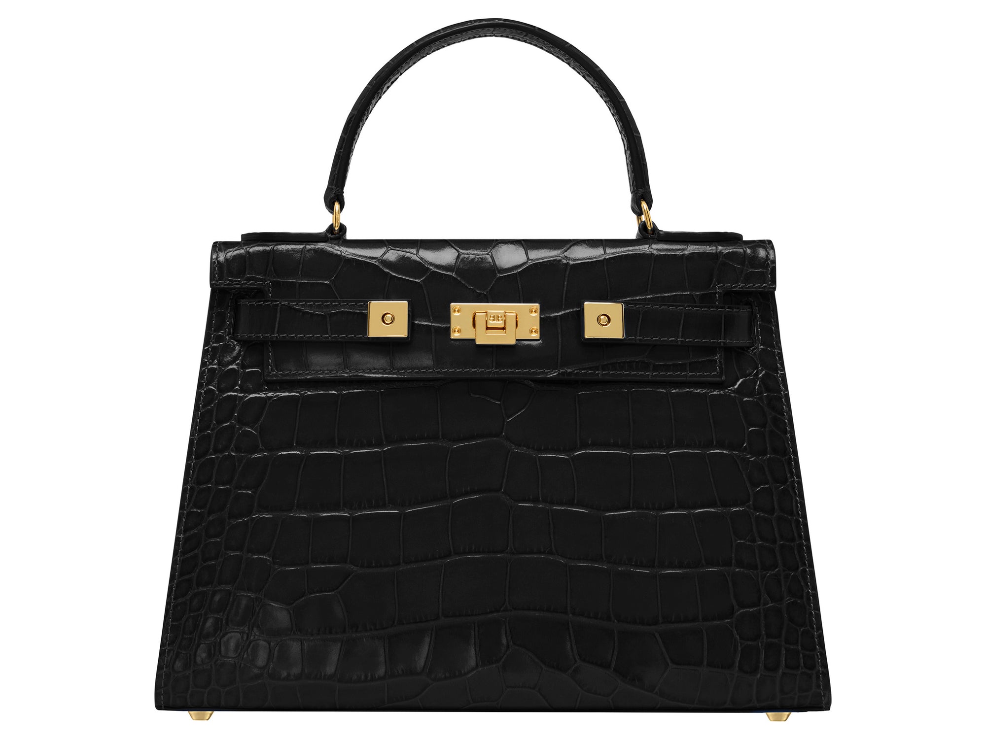 A large black, ‘croc’ print Italian calf leather handbag with top handle, detachable strap and gold plated hardware.