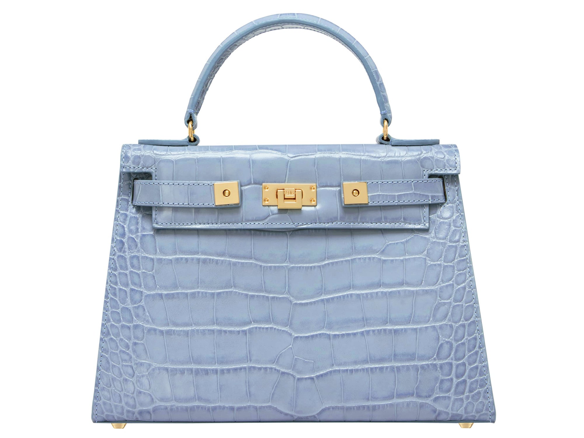 A large pale blue , ‘croc’ print Italian calf leather handbag with top handle, detachable strap and gold plated hardware