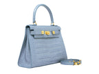 A large pale blue , ‘croc’ print Italian calf leather handbag with top handle, detachable strap and gold plated hardware