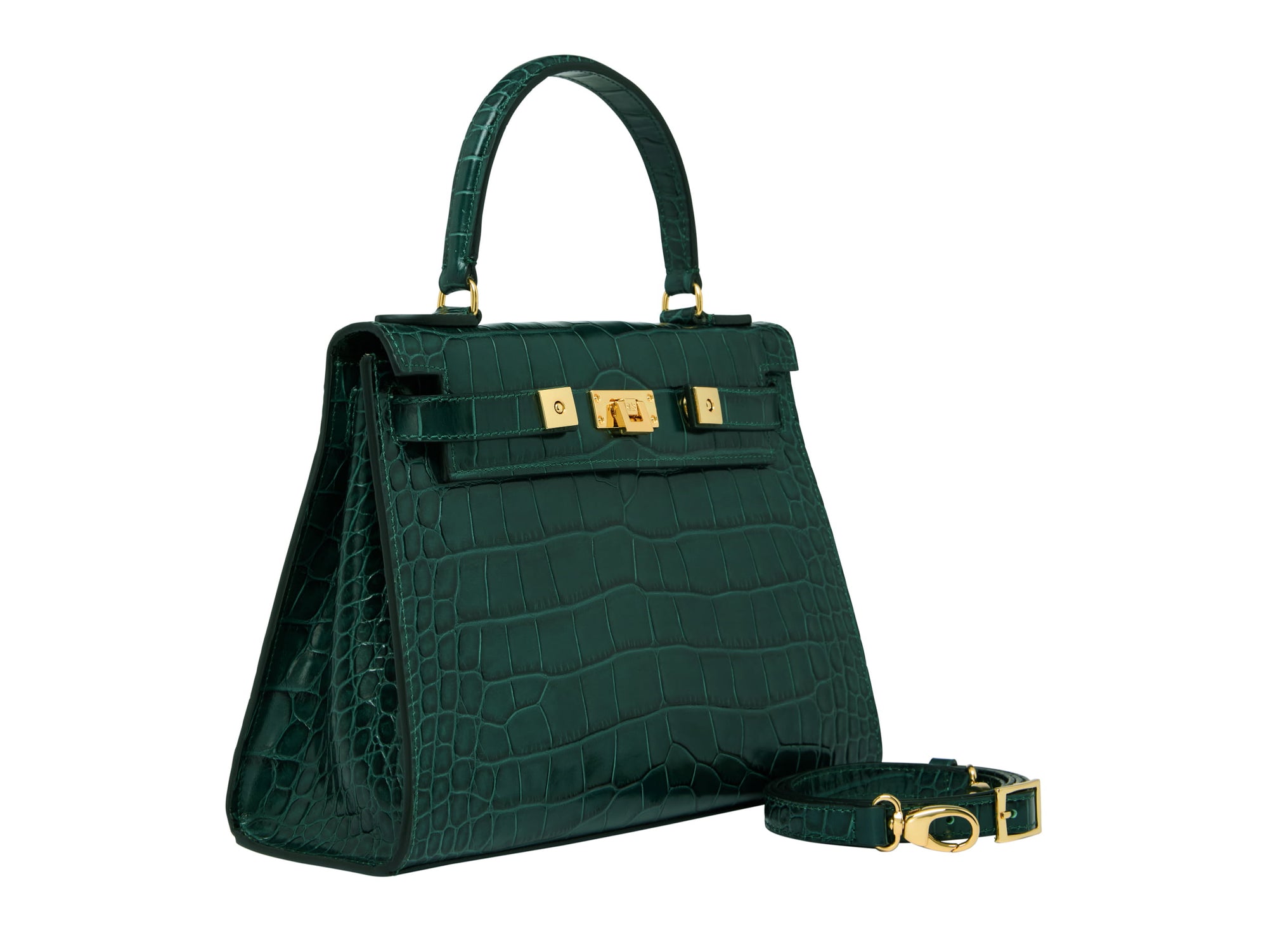 A large dark green ‘croc’ print Italian calf leather handbag with top handle, detachable strap and gold plated hardware