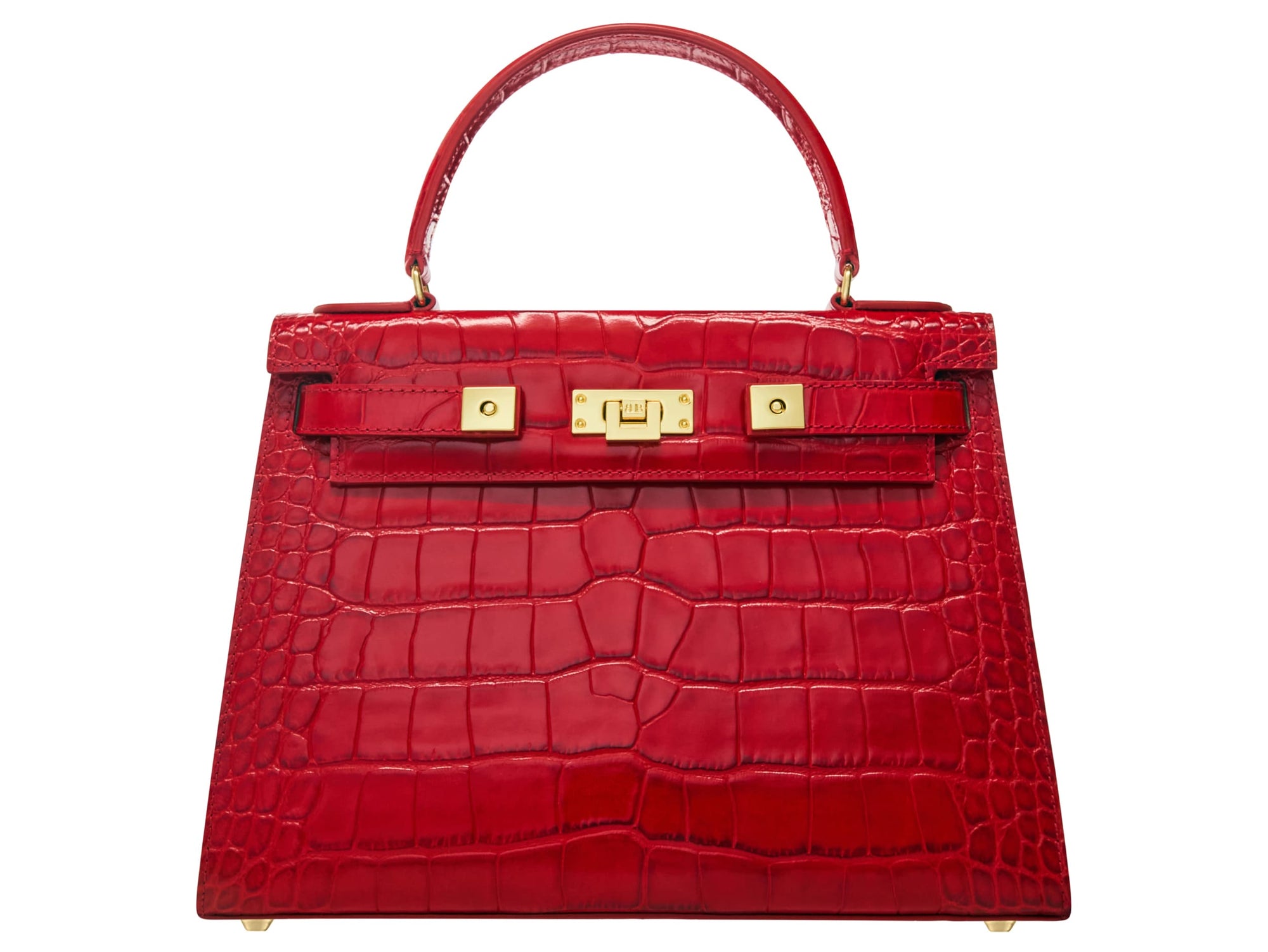 A large red, ‘croc’ print Italian calf leather handbag with top handle, detachable strap and gold plated hardware.