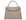 A stone-colored, croc print Italian calf leather handbag with a top handle, detachable strap, and gold plated hardware.