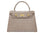 A stone-colored, croc print Italian calf leather handbag with a top handle, detachable strap, and gold plated hardware.