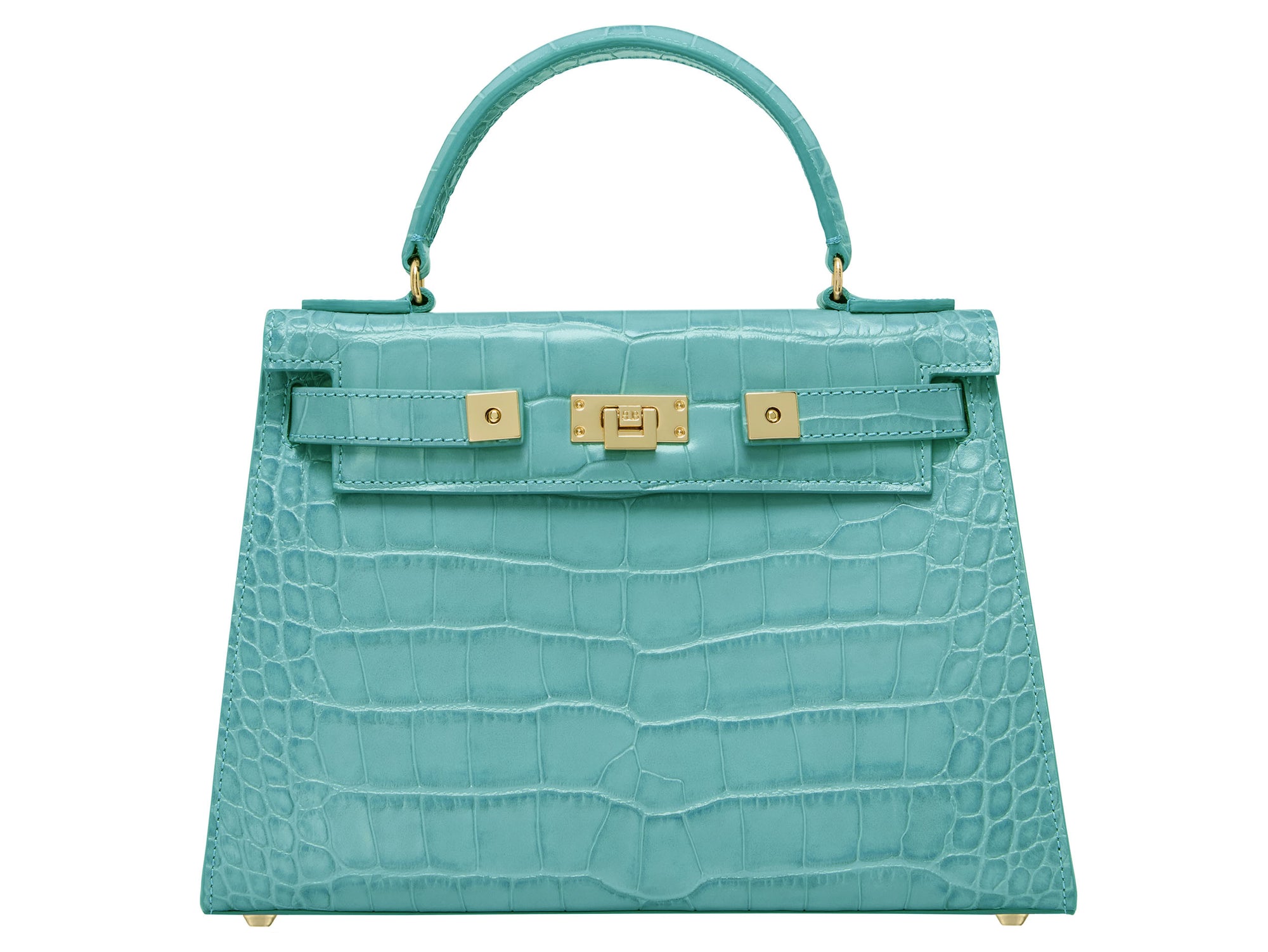 A large turquoise , ‘croc’ print Italian calf leather handbag with top handle, detachable strap and gold plated hardware.