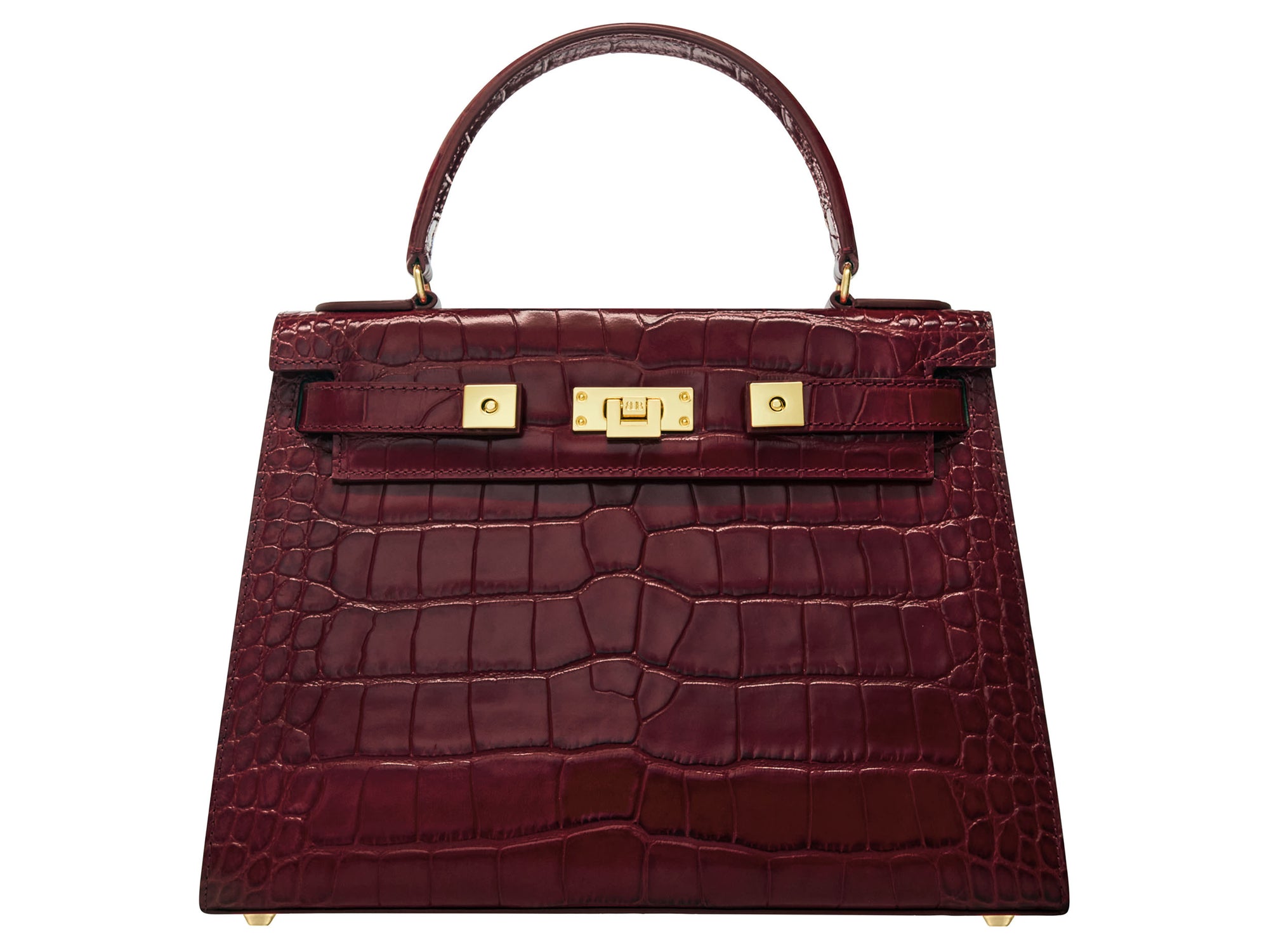A large wine ‘croc’ print Italian calf leather handbag with top handle, detachable strap and gold plated hardware with magnetic fastening.