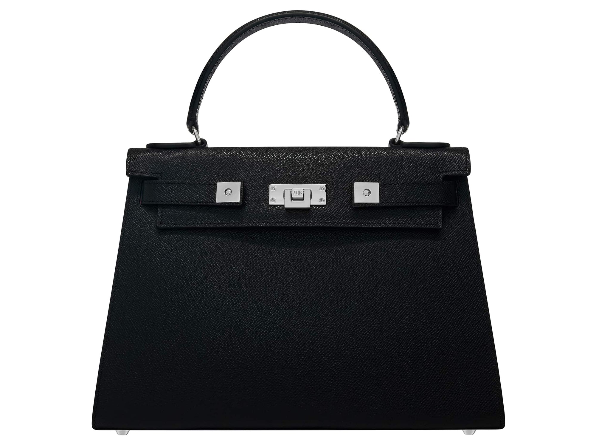 A black Maya Large Italian leather handbag with a pebble print, featuring a top handle, detachable strap and silver colored hardware.