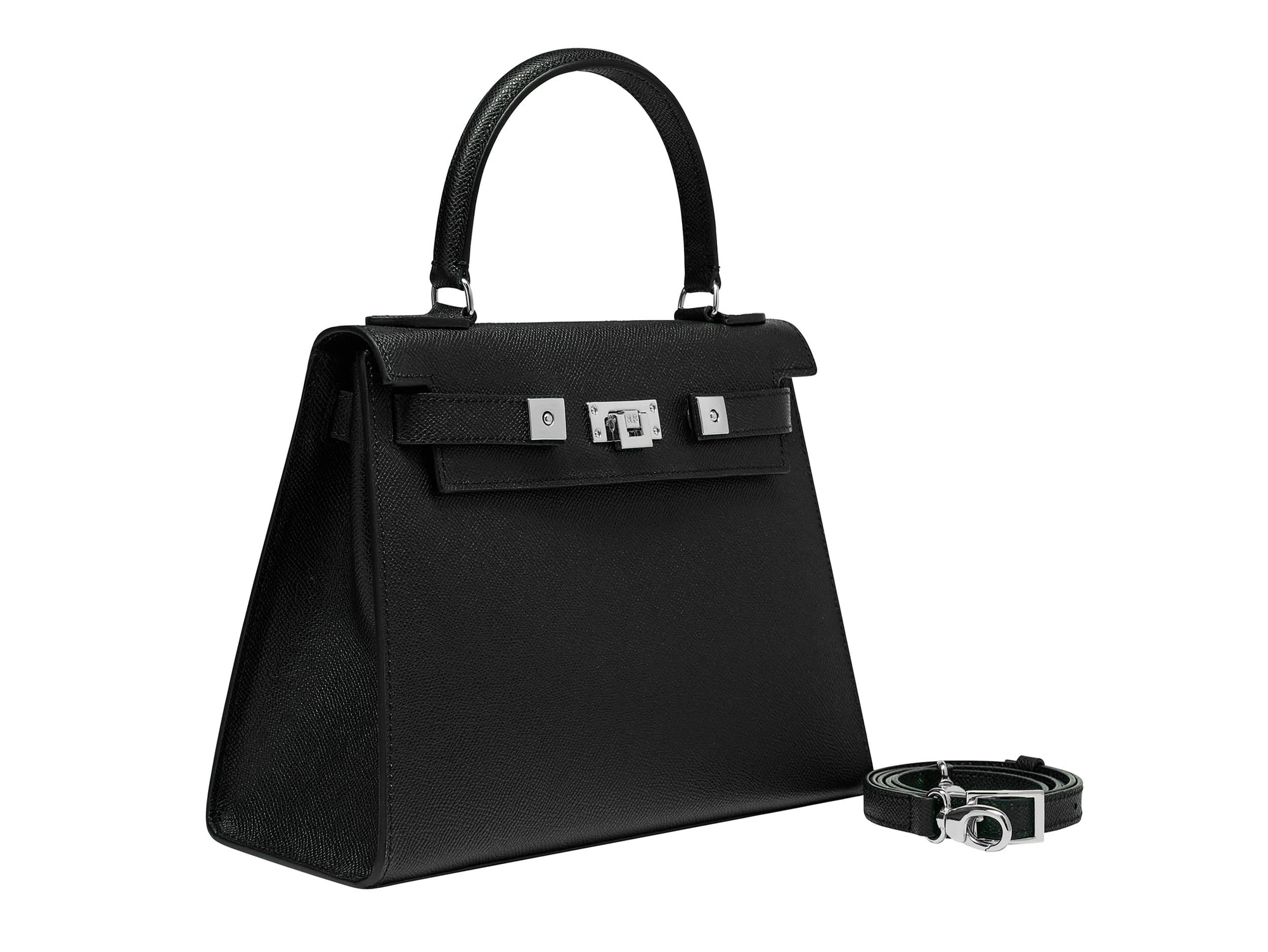 A black Maya Large Italian leather handbag with a pebble print, featuring a top handle, detachable strap and silver colored hardware.