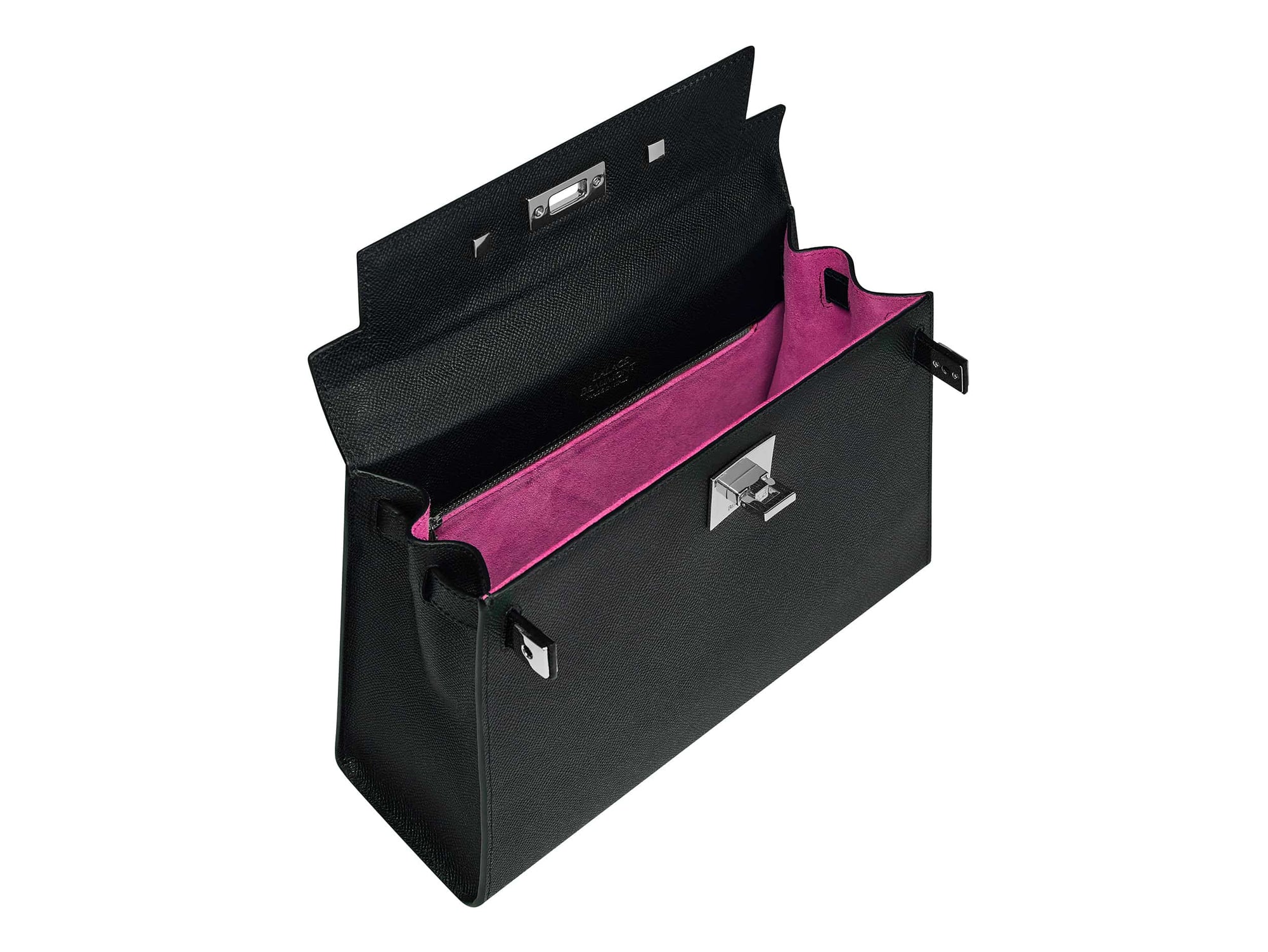 Inside a black Maya Large Italian leather handbag with a pebble print, featuring a top handle, detachable strap and silver colored hardware showing the dark pink suede lined interior.