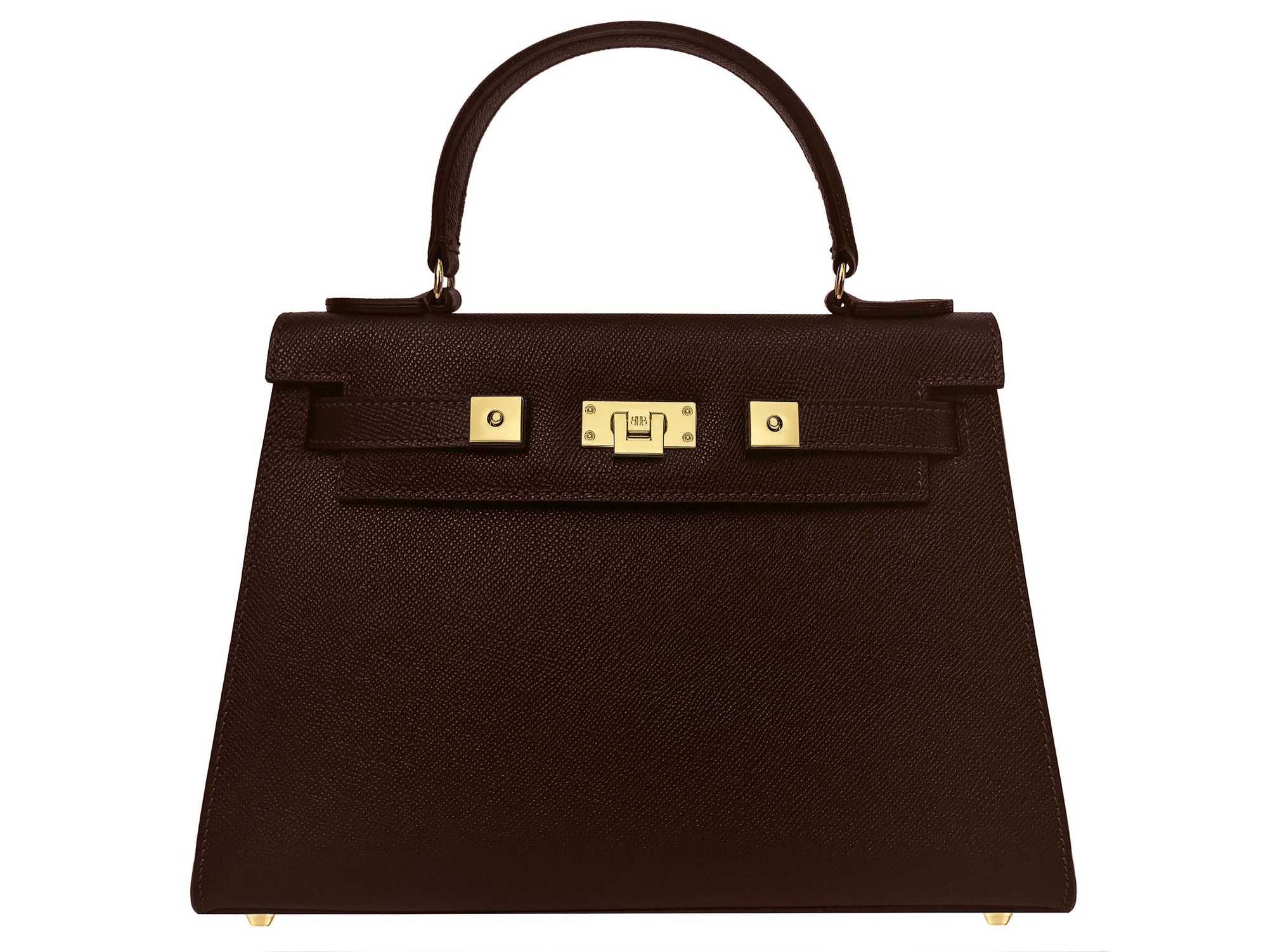 A large brown Italian leather, natural print handbag with gold hardware, a top handle with a detachable strap on a white background.