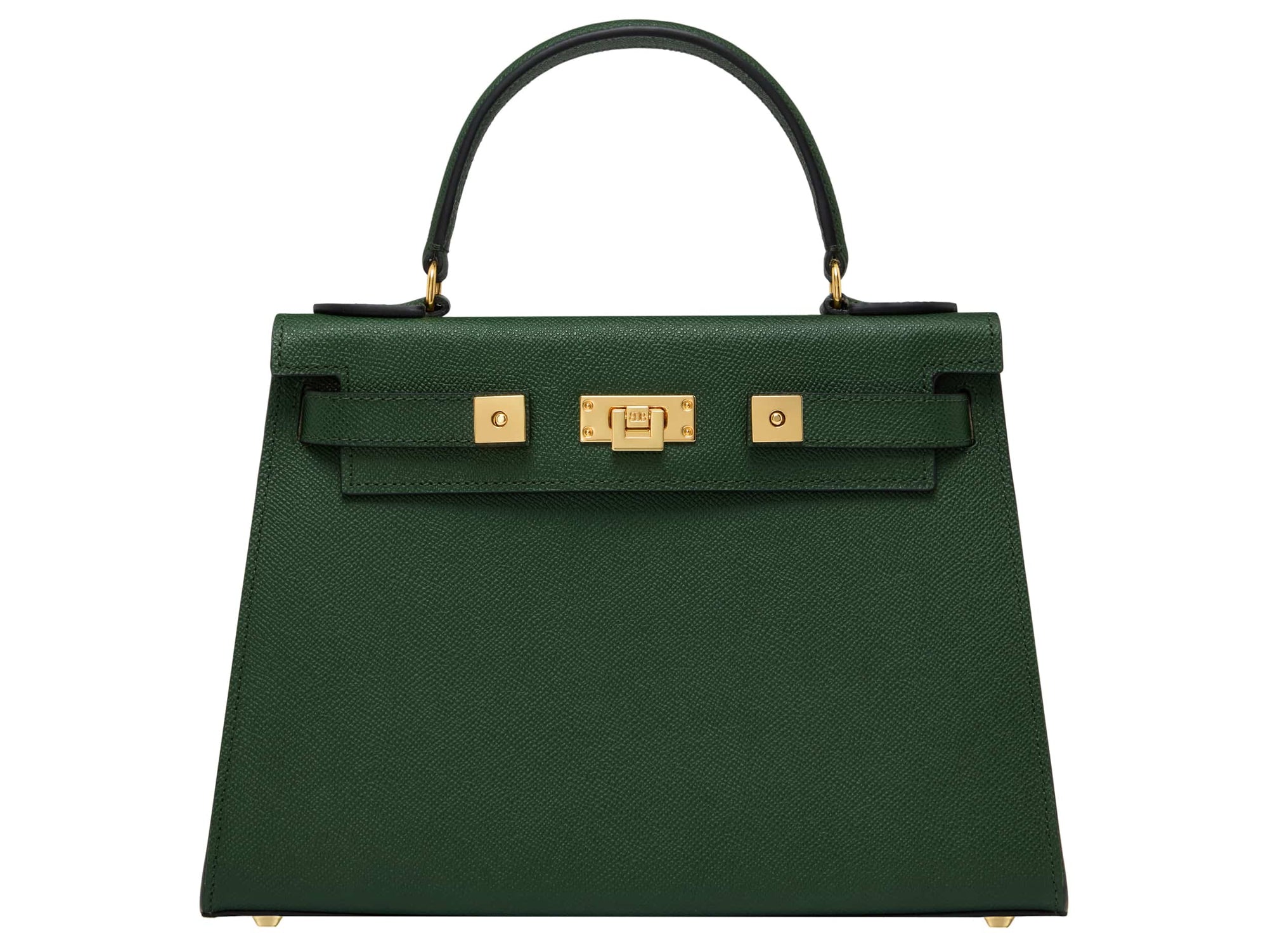 A large dark green pebble print Italian calf leather handbag with top handle, detachable strap and gold plated hardware