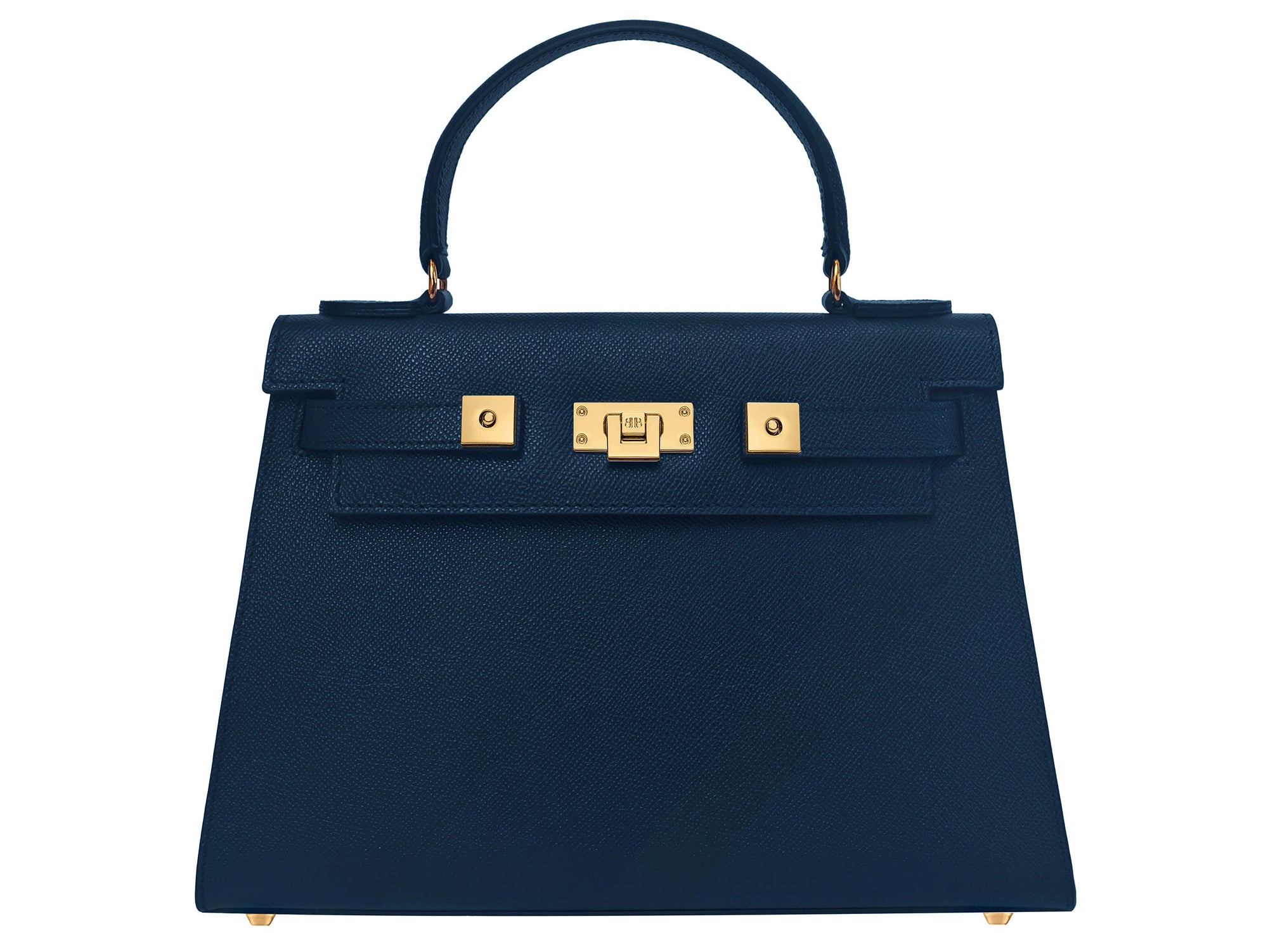 A large navy Italian leather, natural print handbag with gold hardware, a top handle with a detachable strap on a white background.