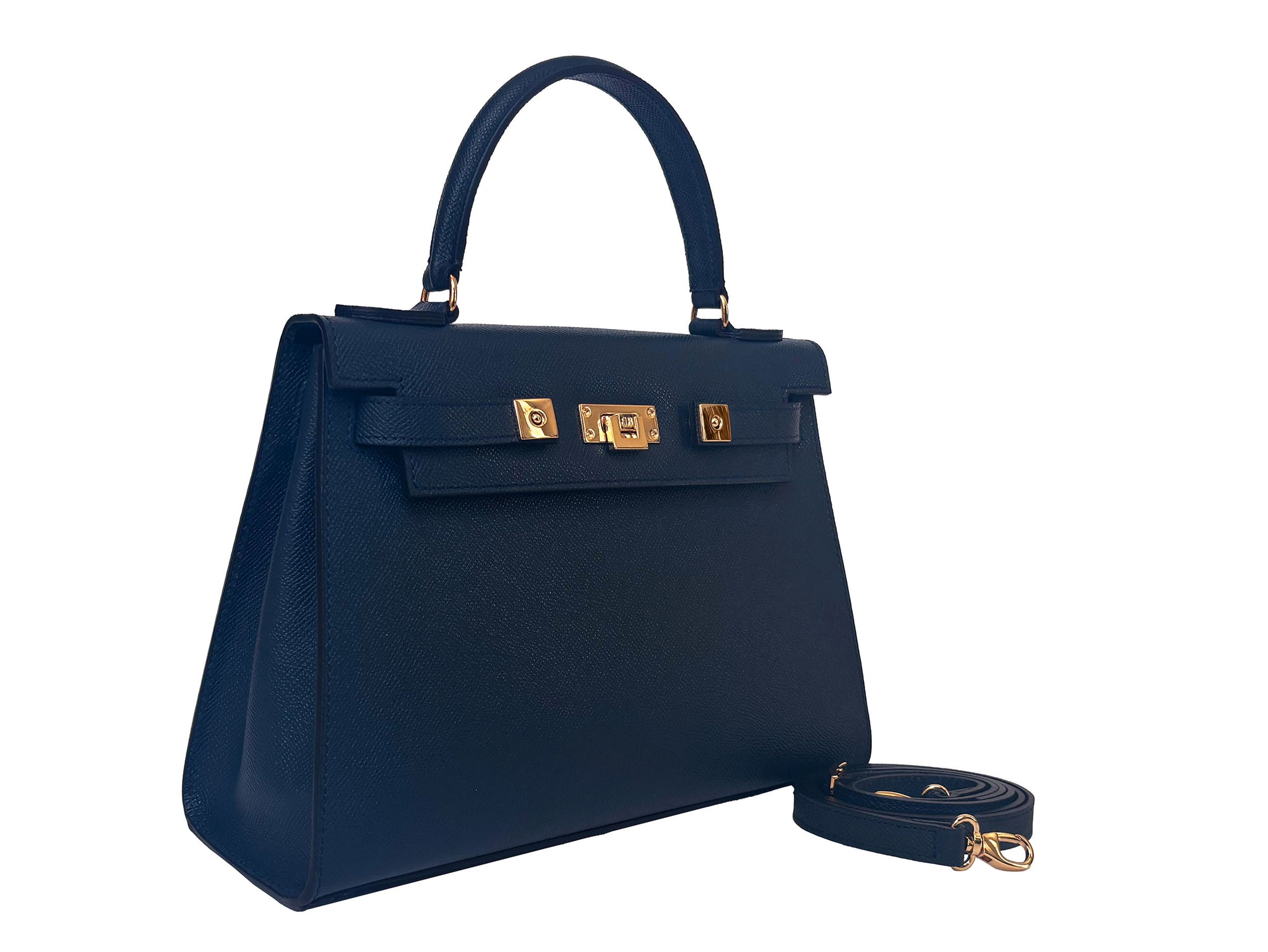 A large navy Italian leather, natural print handbag with gold hardware, a top handle with a detachable strap on a white background.