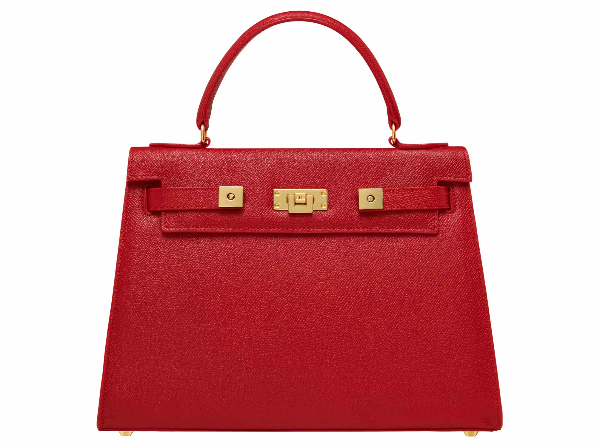 A red Italian natural print leather handbag with a top handle and a detachable shoulder strap, featuring gold-plated hardware and magnetic locks.