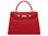 A red Italian natural print leather handbag with a top handle and a detachable shoulder strap, featuring gold-plated hardware and magnetic locks.