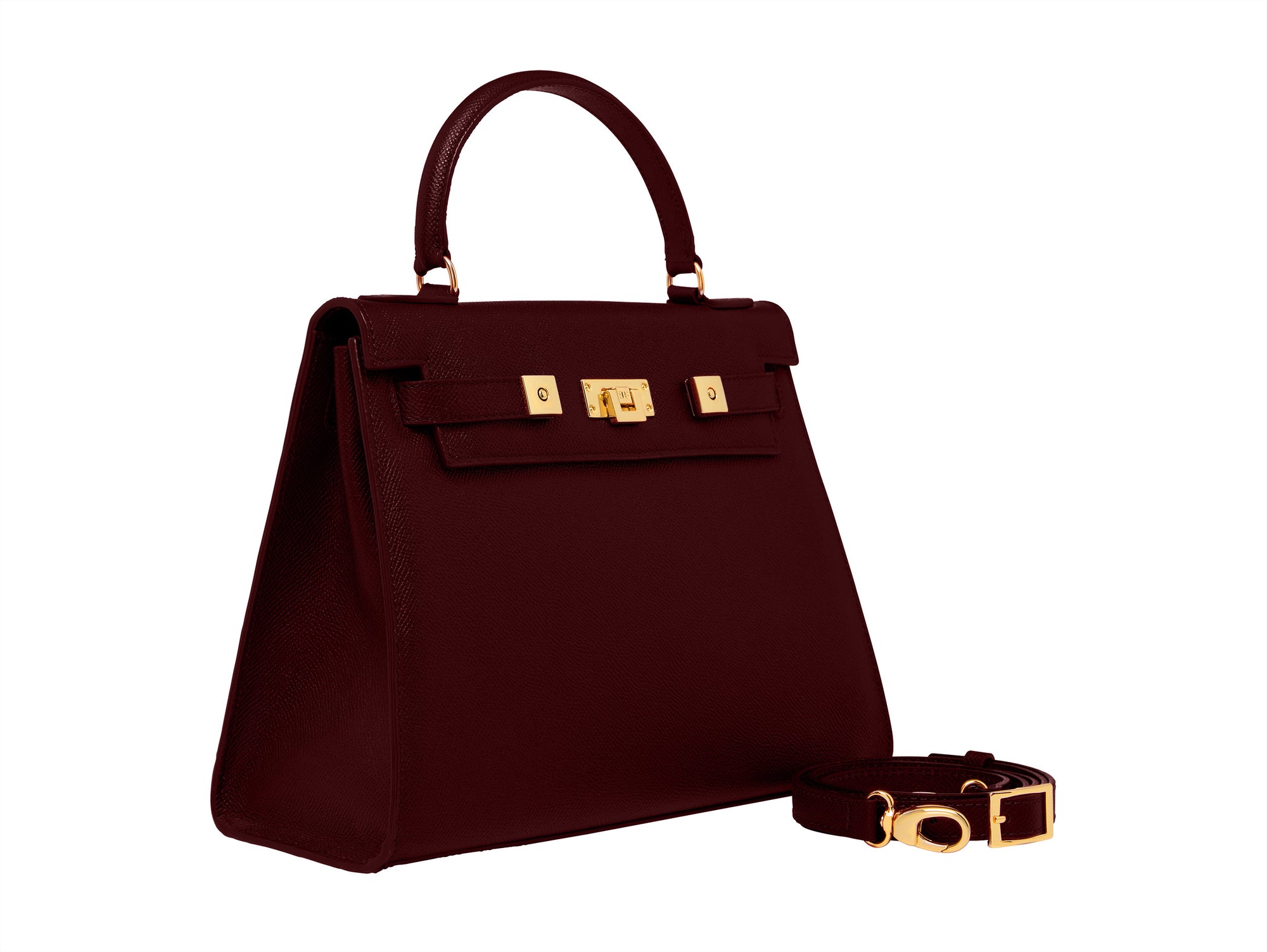 A wine-colored, pebble print Italian calf leather handbag with gold plated hardware, top handle and detachable strap in a structured design.