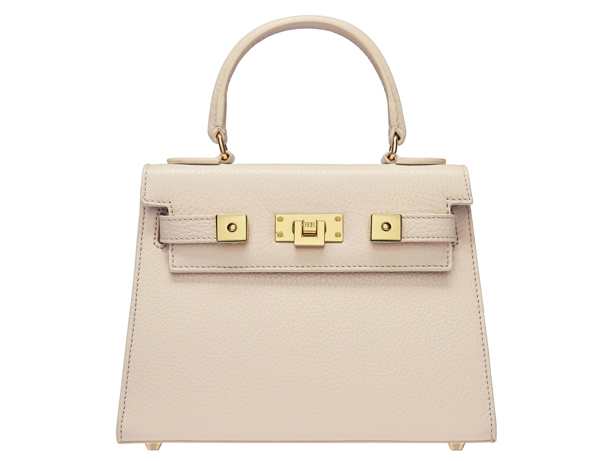 Beige Italian leather handbag with gold hardware on a white background