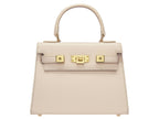 Beige Italian leather handbag with gold hardware on a white background