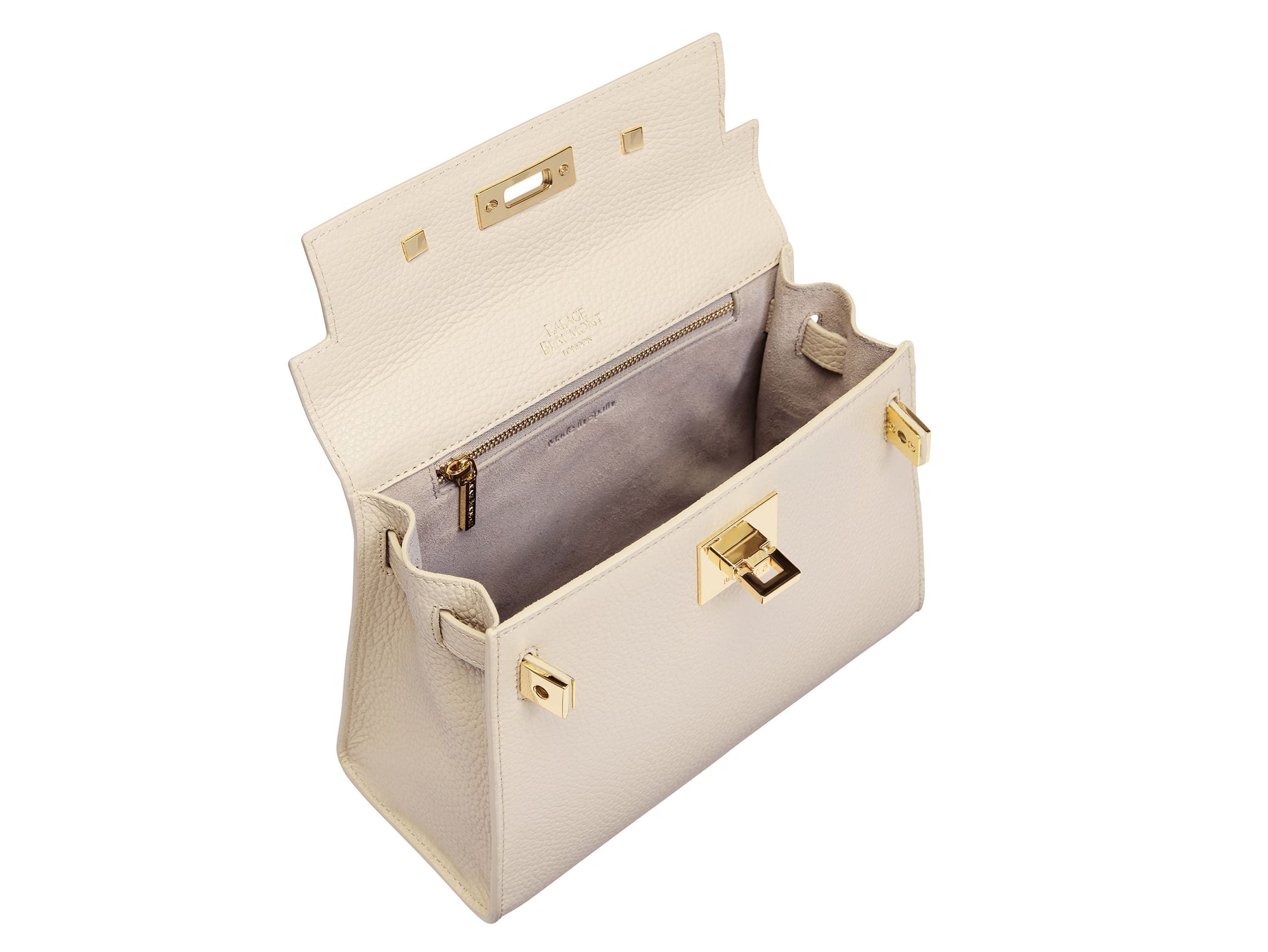 Inside view of a beige Italian leather handbag with gold hardware on a white background