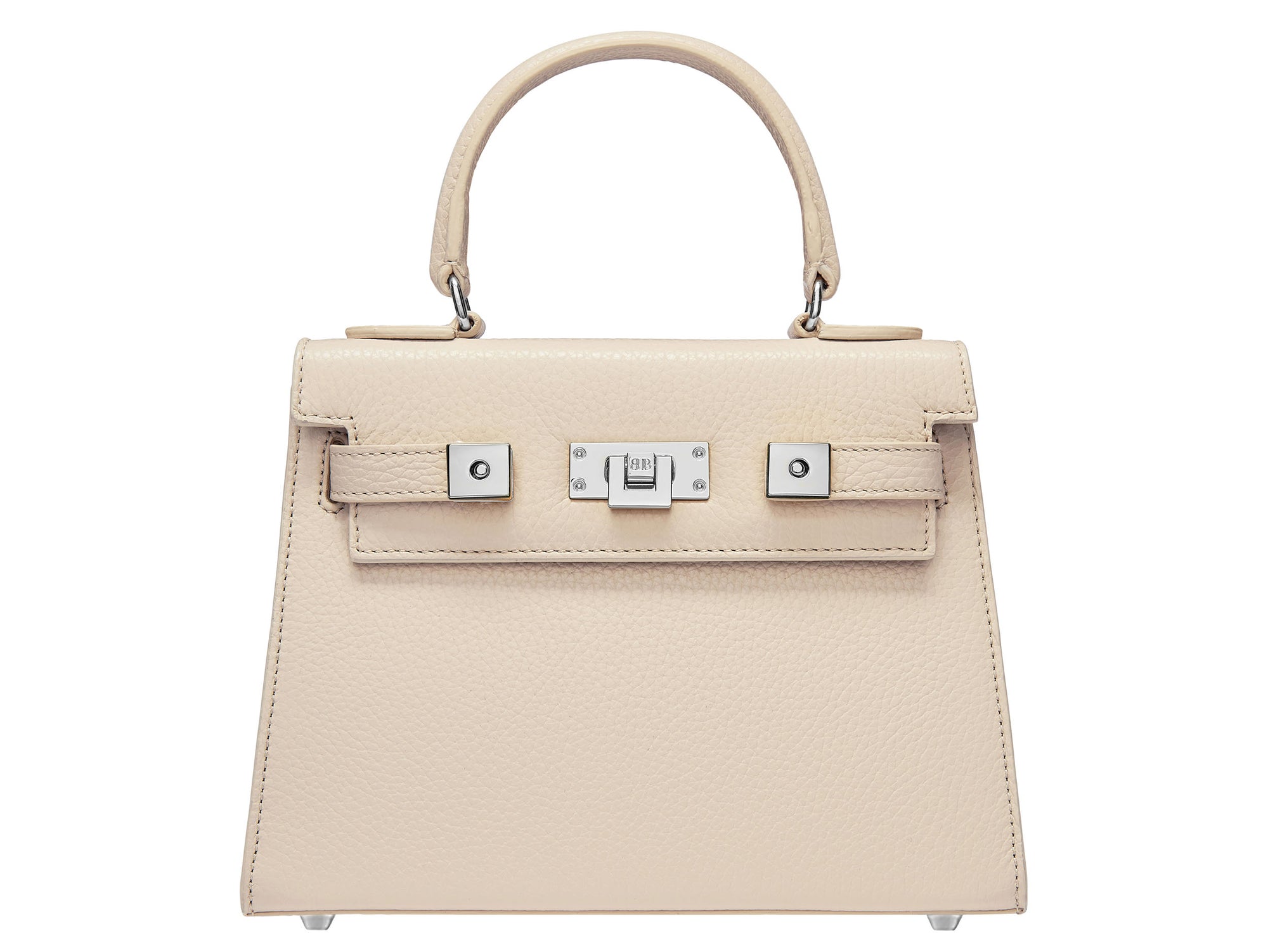 A medium-sized luxury Italian leather handbag in a soft beige color with a grainy texture, featuring a top handle, a detachable shoulder strap and gold-plated hardware