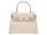 A medium-sized luxury Italian leather handbag in a soft beige color with a grainy texture, featuring a top handle, a detachable shoulder strap and gold-plated hardware