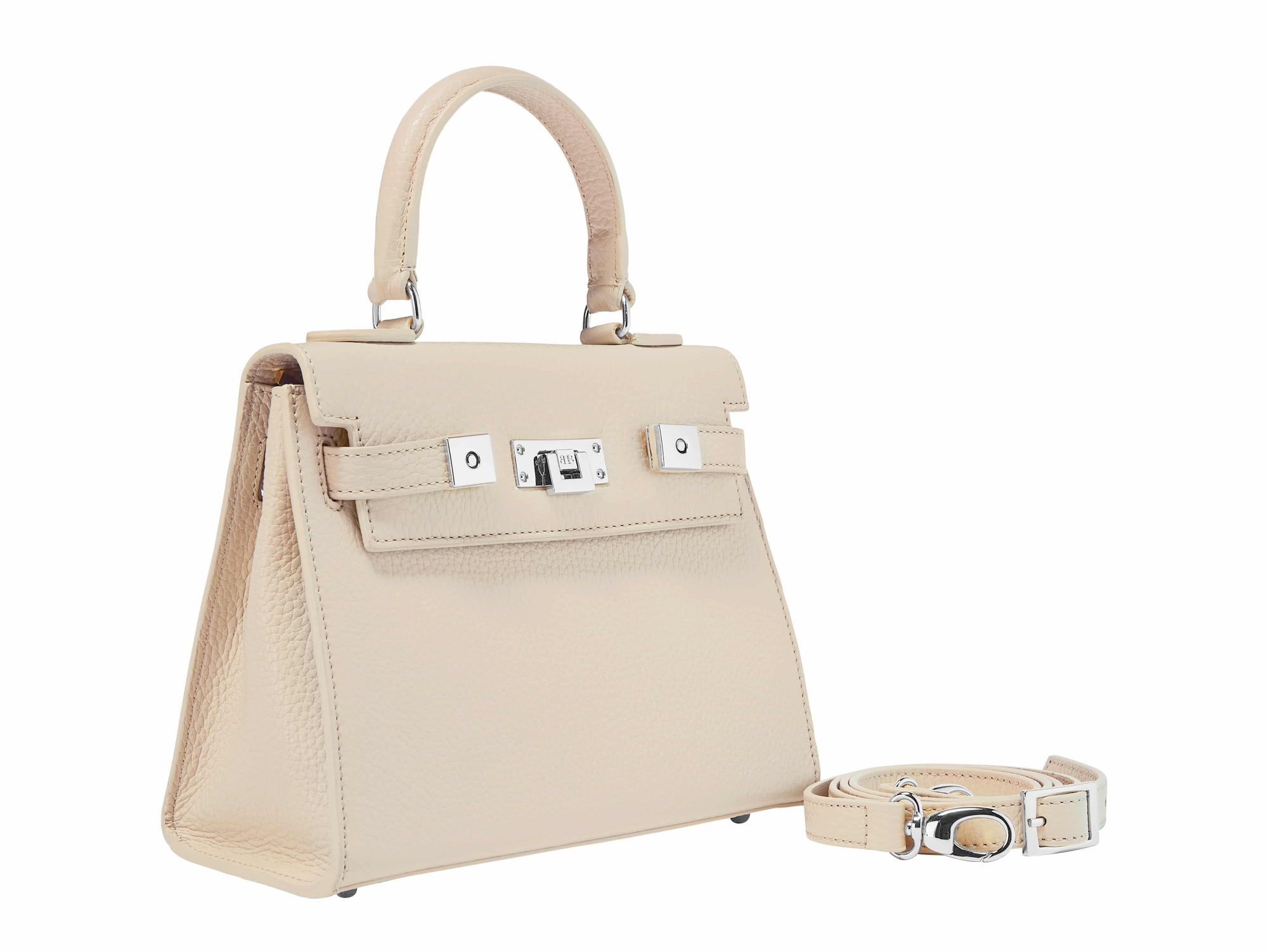 A medium-sized luxury Italian leather handbag in a soft beige color with a grainy texture, featuring a top handle, a detachable shoulder strap and gold-plated hardware