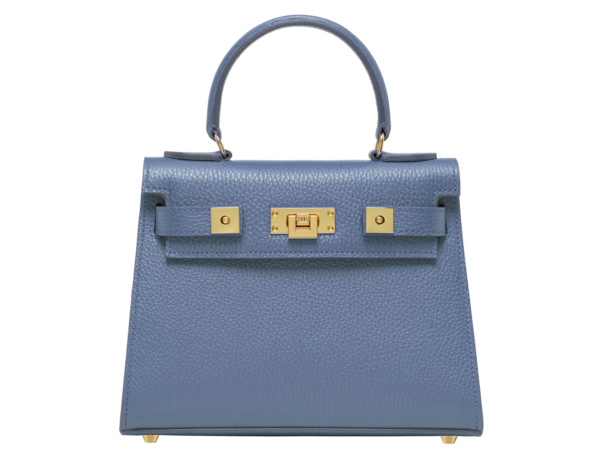 A blue grainy print Italian calf leather handbag with gold plated hardware, a top handle, and a detachable shoulder strap.