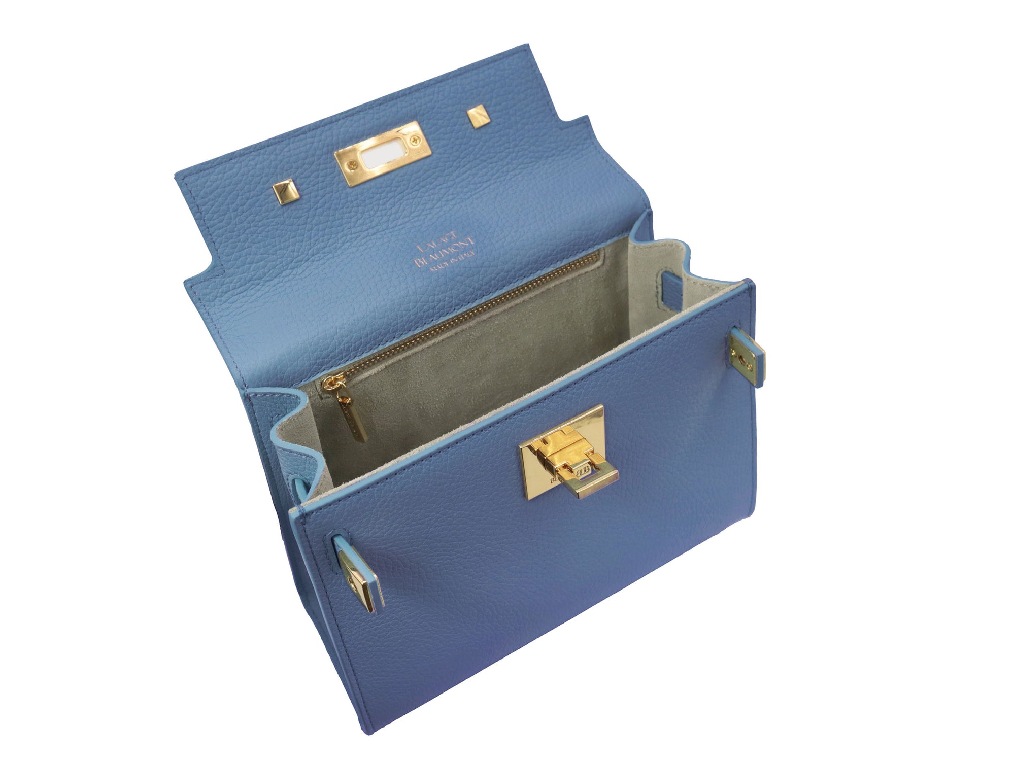 A blue grainy print Italian calf leather handbag with gold plated hardware, a top handle, and a detachable shoulder strap.