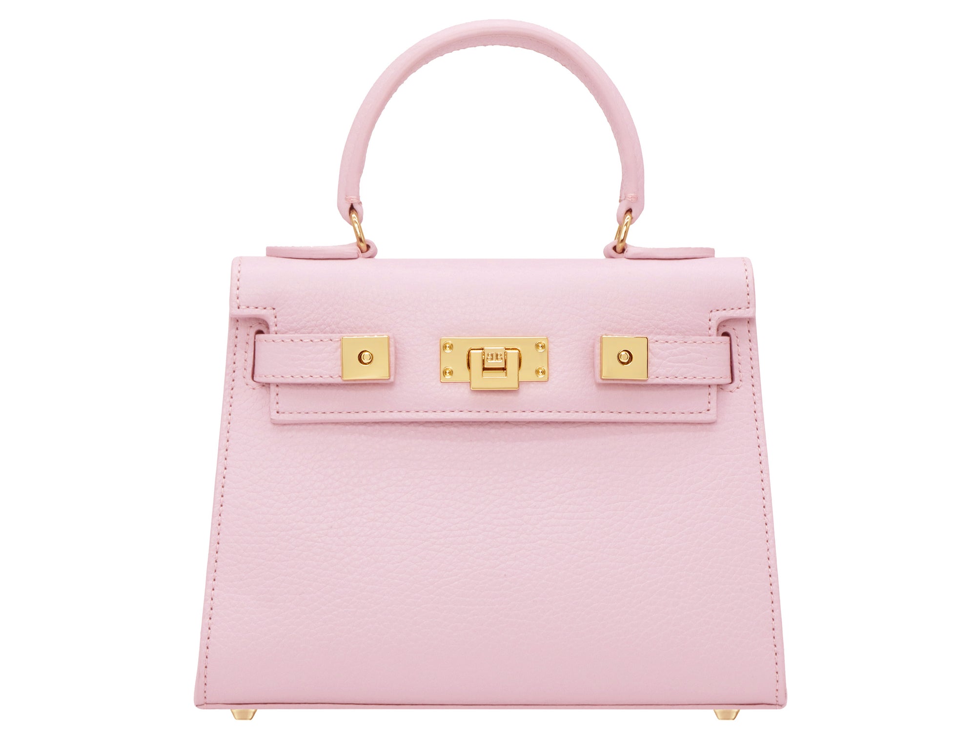 A pale pink, medium-sized, grainy print Italian calf leather handbag with gold-plated hardware, detachable strap and a top handle.