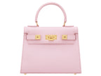 A pale pink, medium-sized, grainy print Italian calf leather handbag with gold-plated hardware, detachable strap and a top handle.