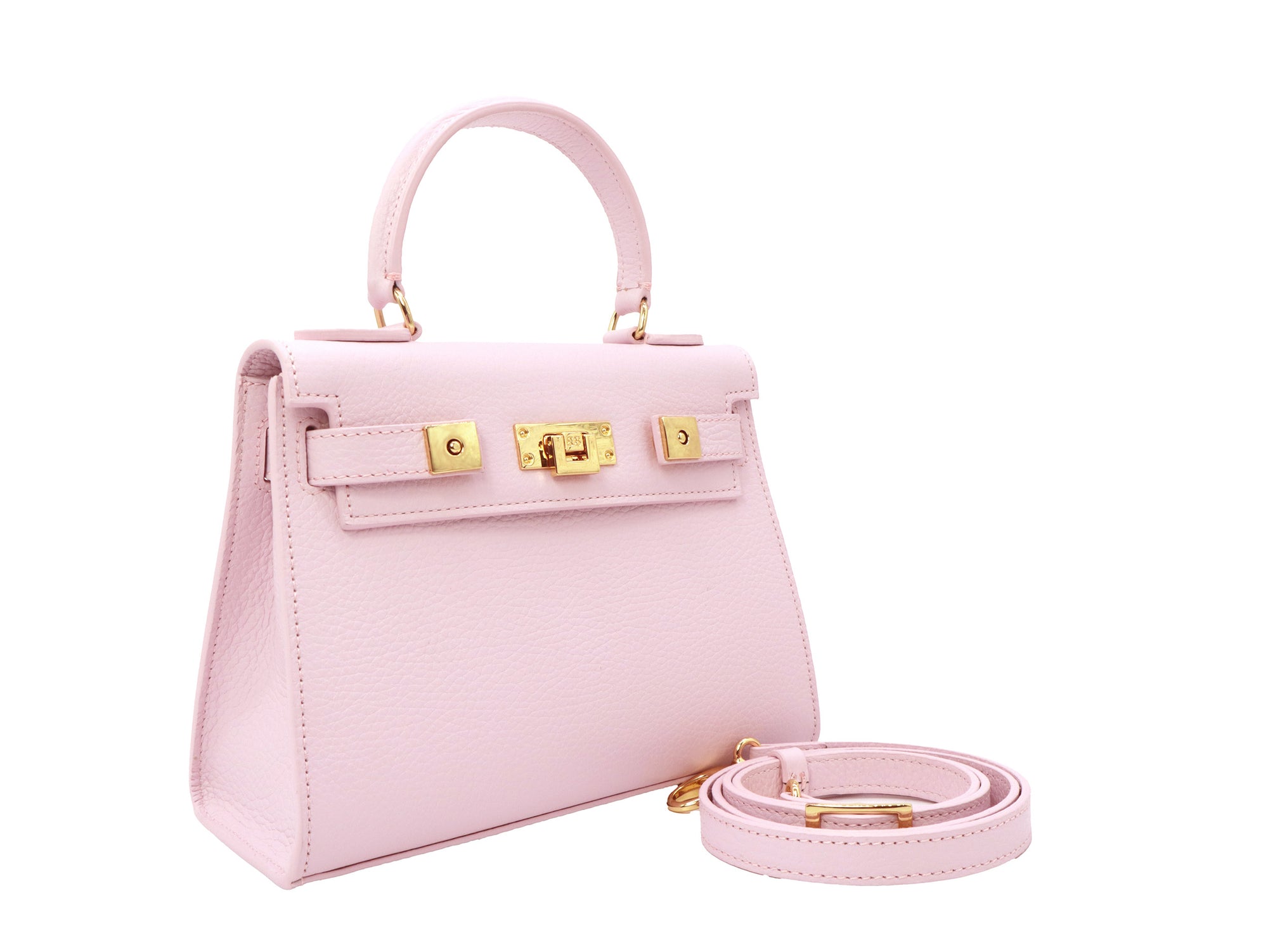 A pale pink, medium-sized, grainy print Italian calf leather handbag with gold-plated hardware, detachable strap and a top handle.