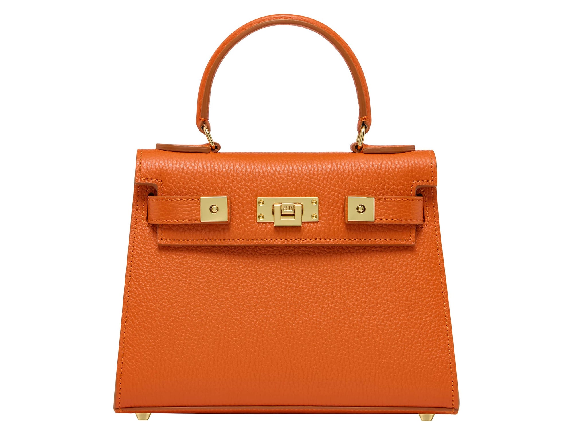 An orange luxury handbag with a top handle and gold-plated hardware, made of Italian calf leather.