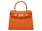 An orange luxury handbag with a top handle and gold-plated hardware, made of Italian calf leather.