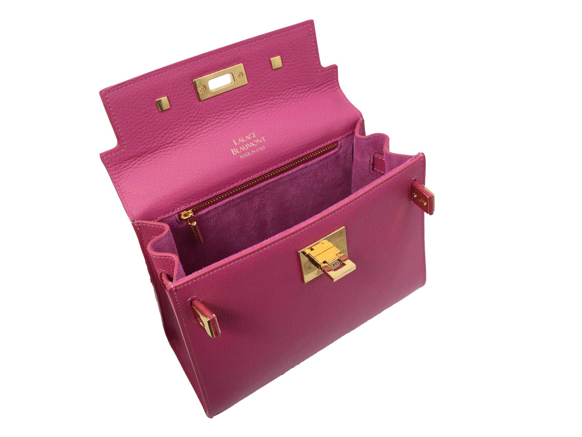 A bright pink, medium-sized, grainy print Italian calf leather handbag with gold-plated hardware, detachable strap and a top handle.