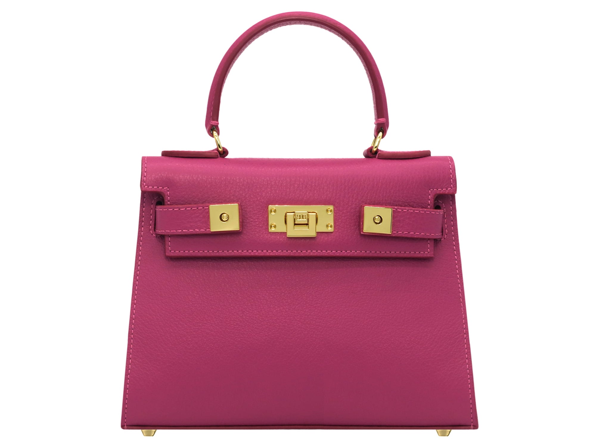 A bright pink, medium-sized, grainy print Italian calf leather handbag with gold-plated hardware, detachable strap and a top handle.