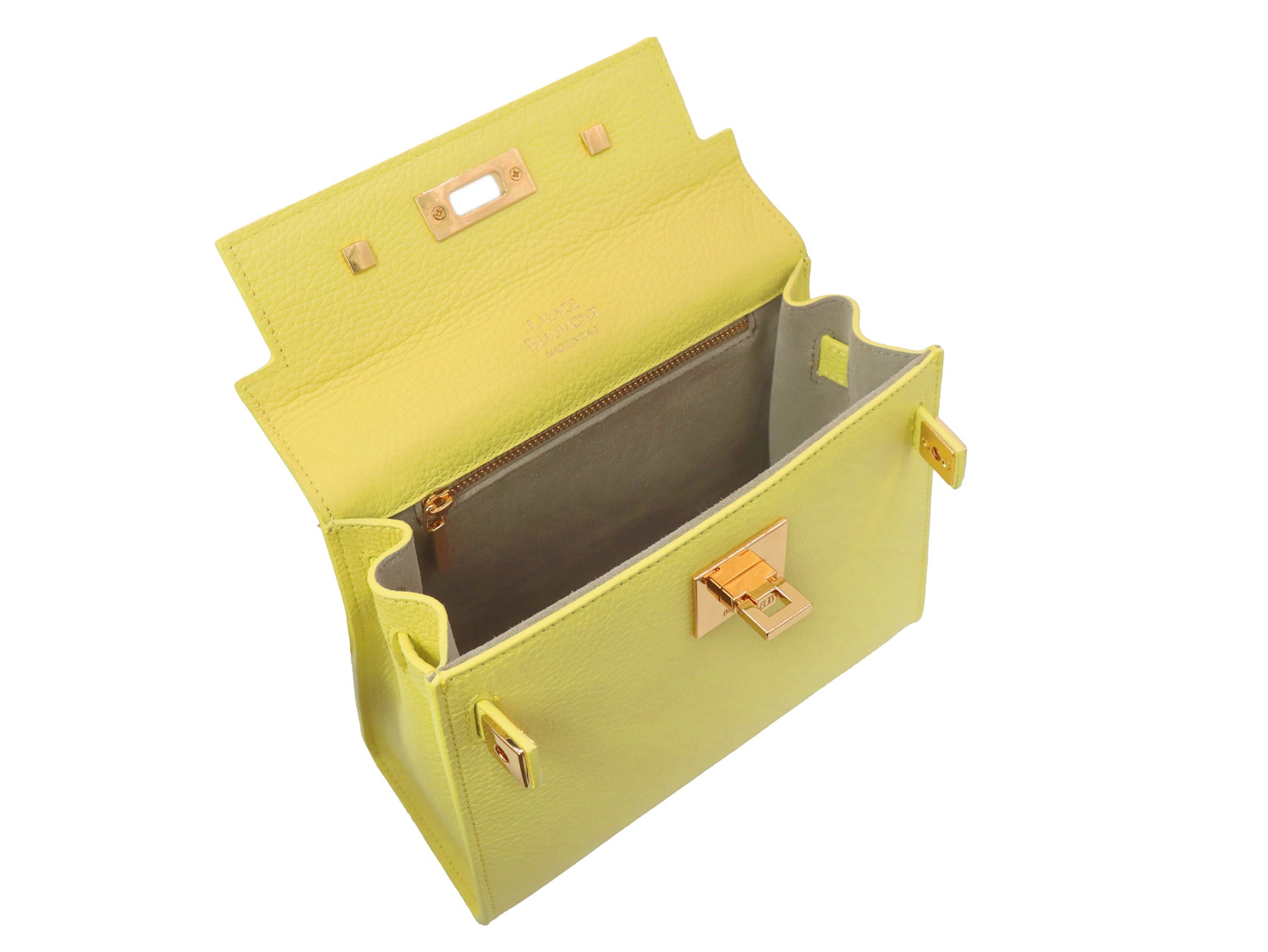 A bright yellow luxury Italian leather natural soft grain handbag with a top handle, detachable strap and gold-plated hardware, positioned against a plain background.