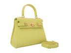 A bright yellow luxury Italian leather natural soft grain handbag with a top handle, detachable strap and gold-plated hardware, positioned against a plain background.