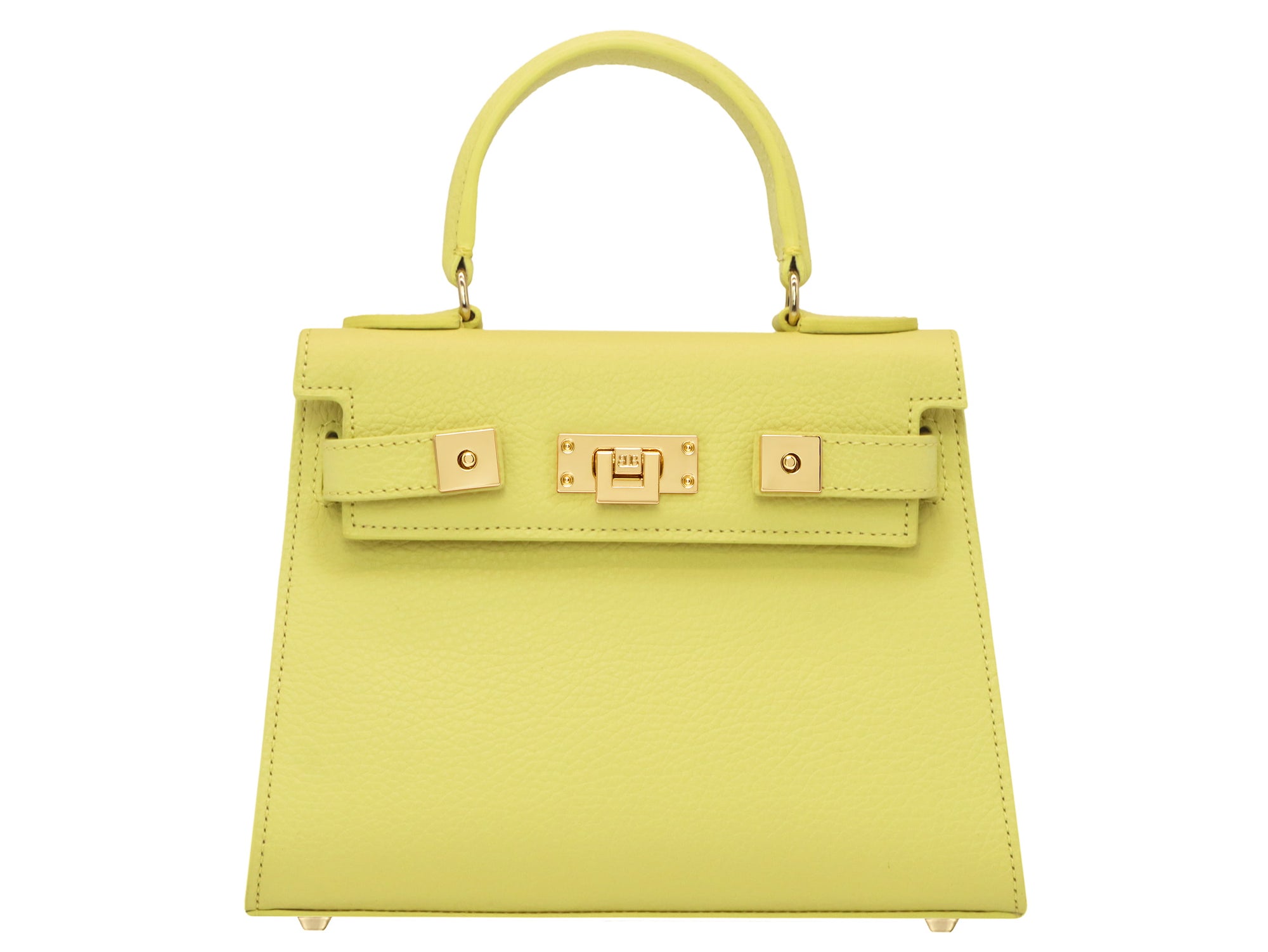A bright yellow luxury Italian leather natural soft grain handbag with a top handle, detachable strap and gold-plated hardware, positioned against a plain background.