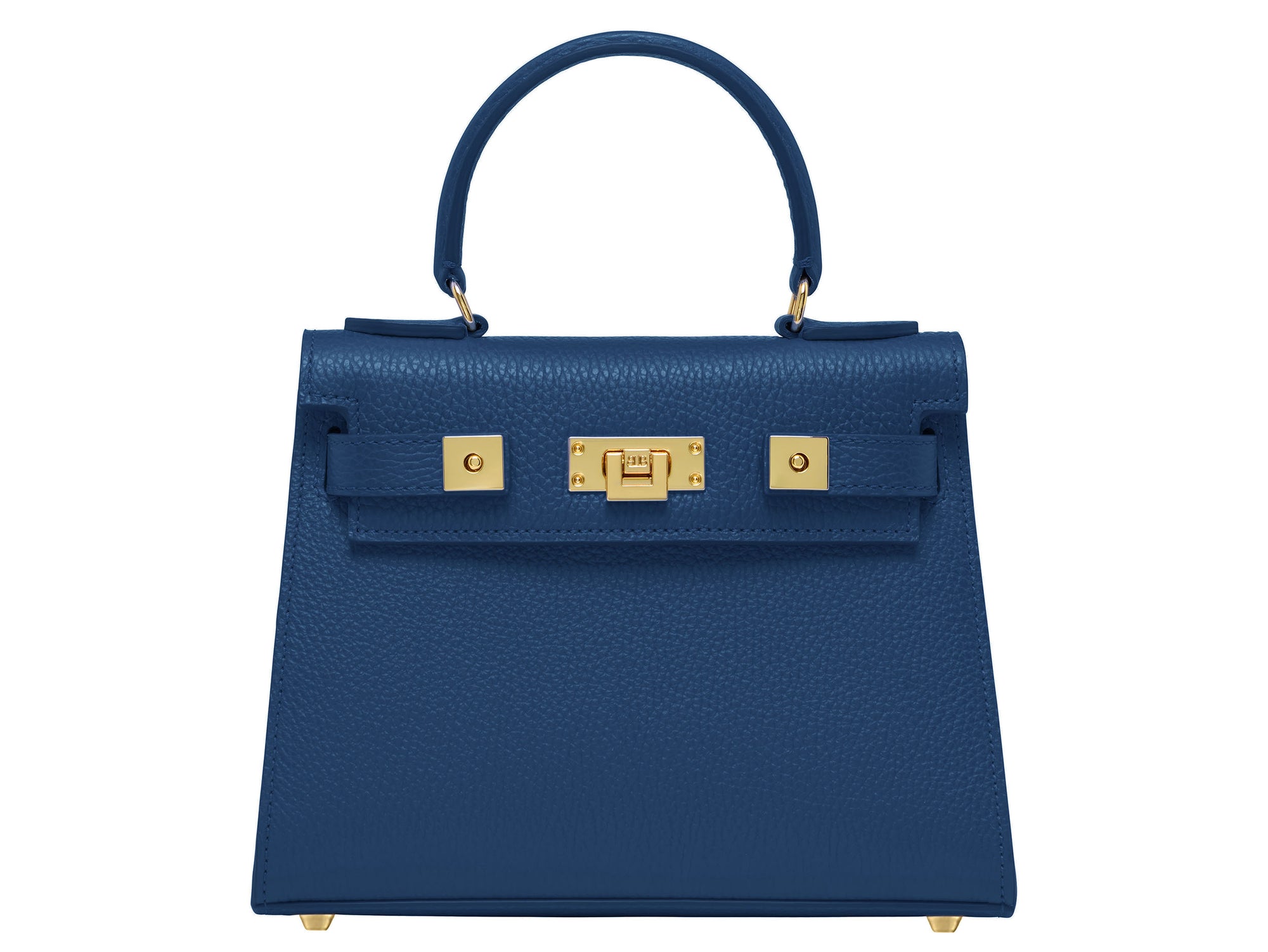 Royal blue Italian leather handbag with gold hardware, a top handle and a detachable strap on a white background
