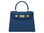 Royal blue Italian leather handbag with gold hardware, a top handle and a detachable strap on a white background
