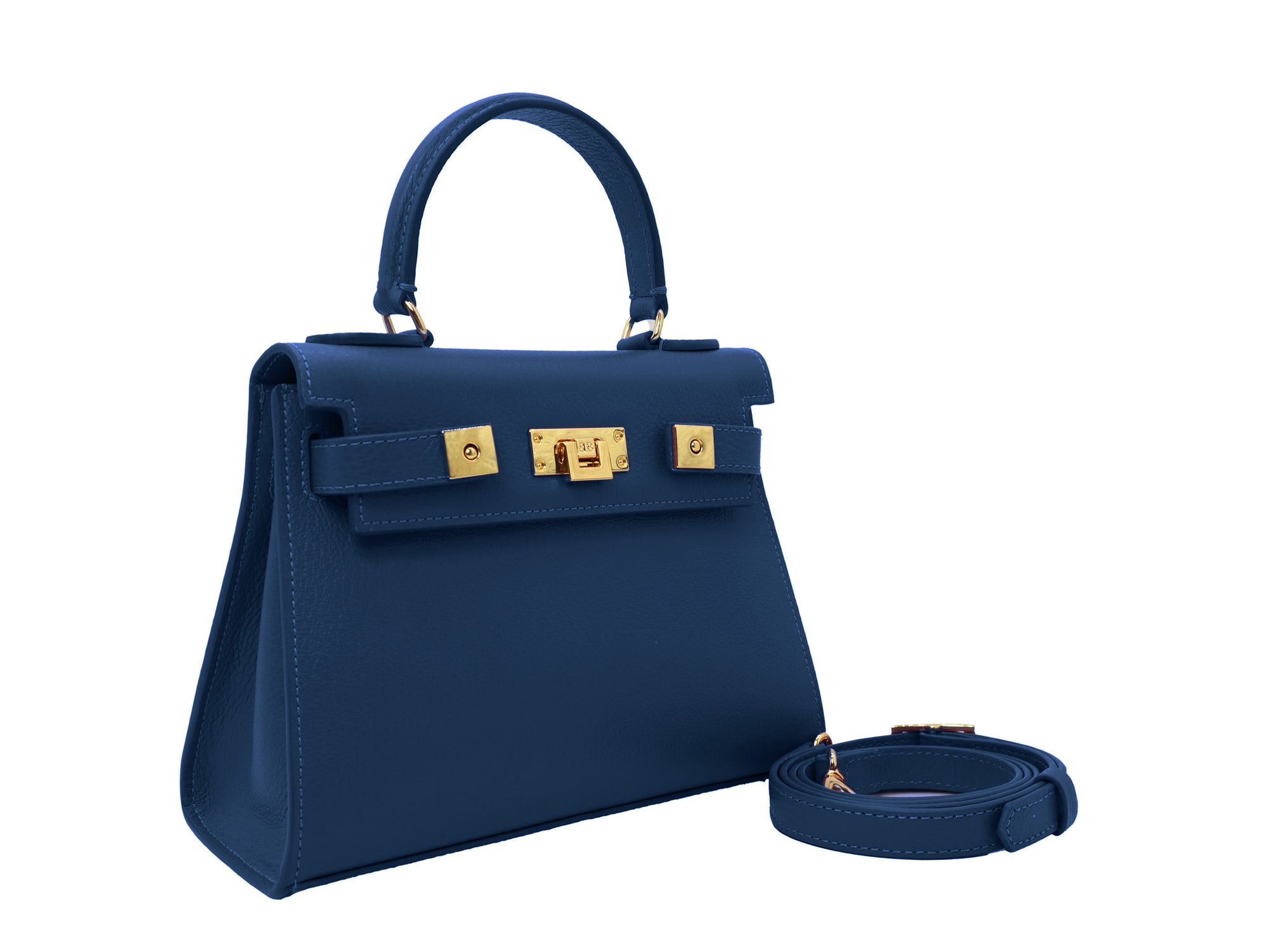 Navy blue Italian leather handbag with gold hardware, a top handle and a detachable strap on a white background