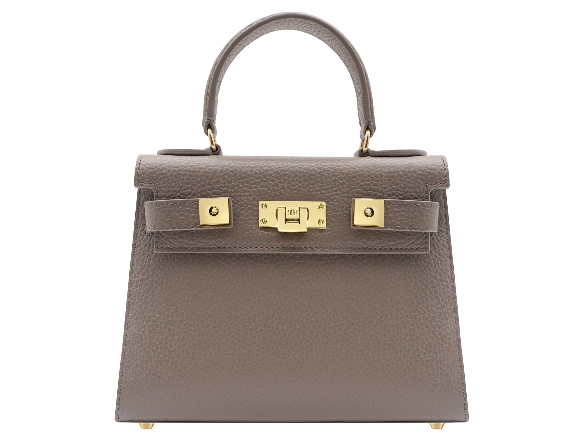 A taupe colored, medium-sized handbag made from grainy print Italian calf leather, featuring gold-plated hardware and a top handle with a detachable shoulder strap.