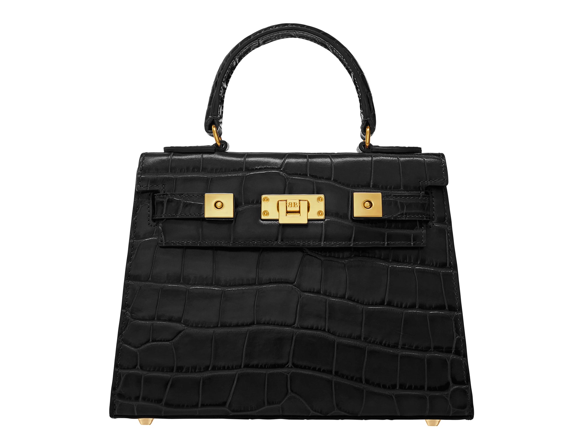Black ‘crocodile print’ handbag with gold hardware on a white background