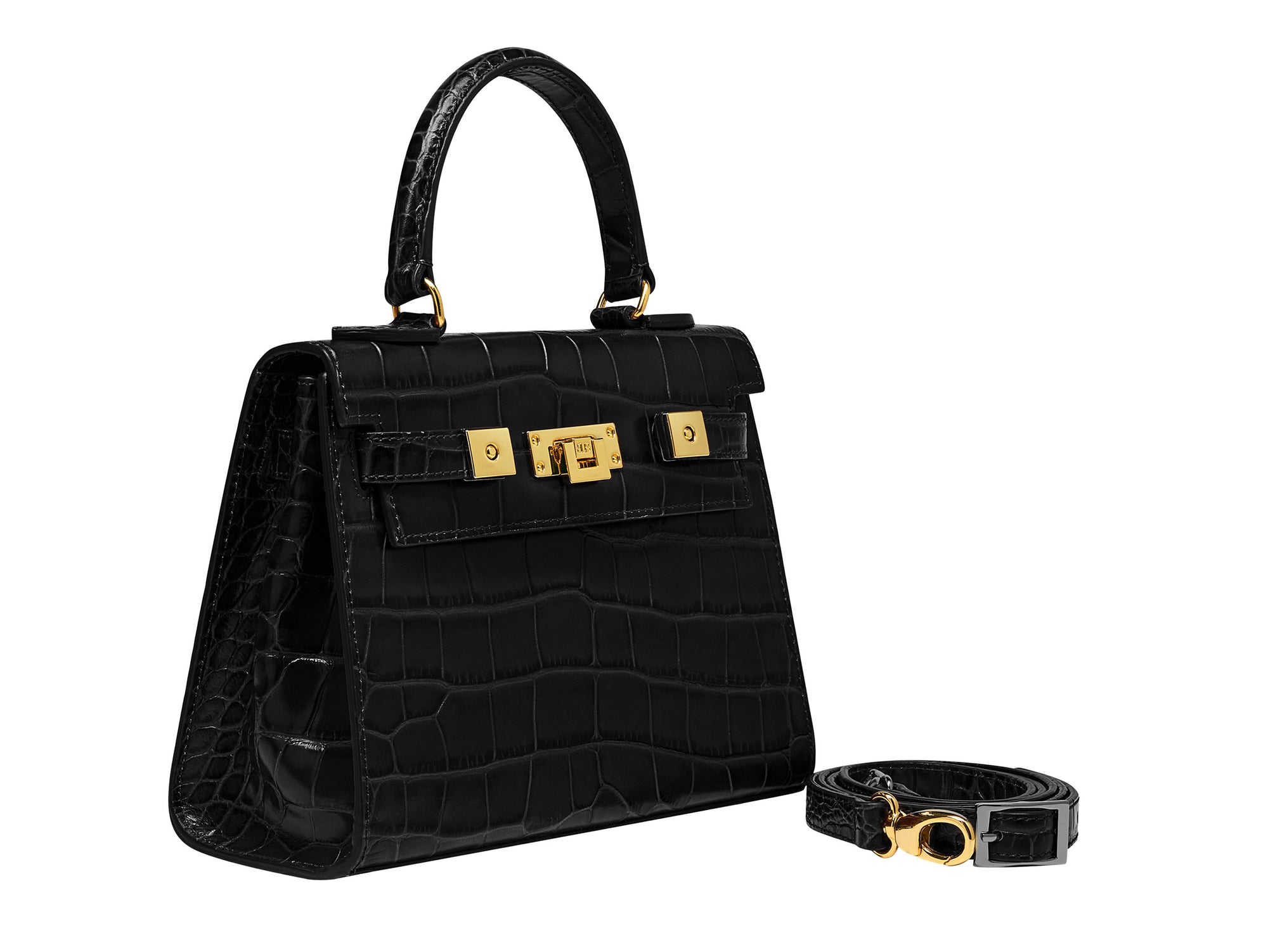 Black ‘crocodile print’ handbag with gold hardware on a white background