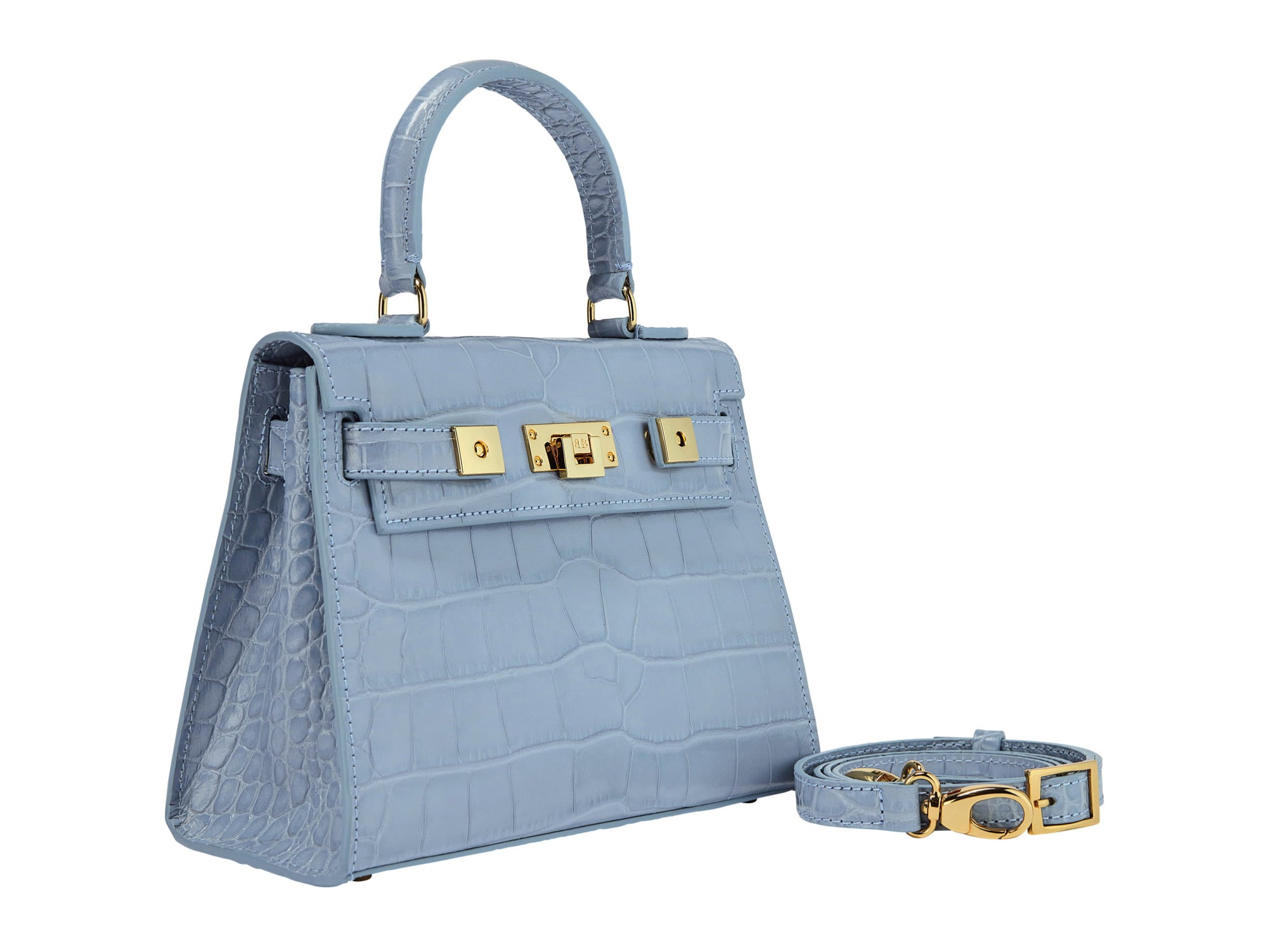 A blue 'Croc' print Italian calf leather handbag with gold plated hardware, a top handle and a detachable strap.