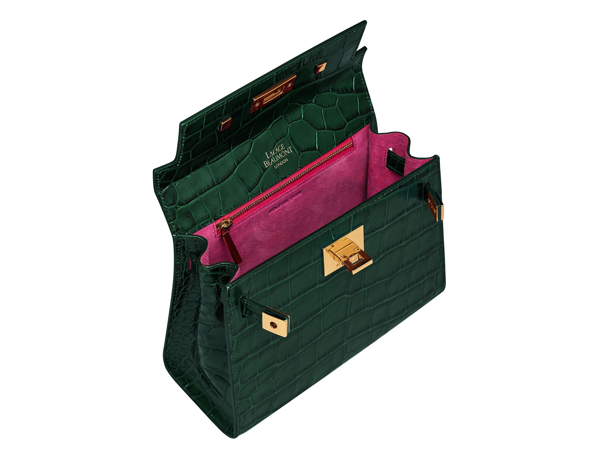 Green handbag with pink interior and gold accents on a white background