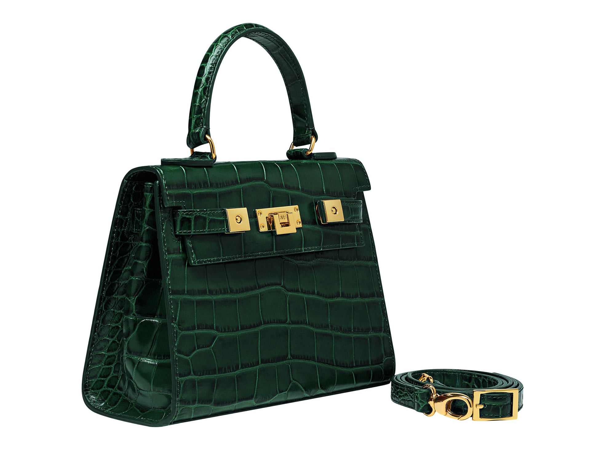 Green crocodile-patterned handbag with gold hardware and a detachable strap on a white background