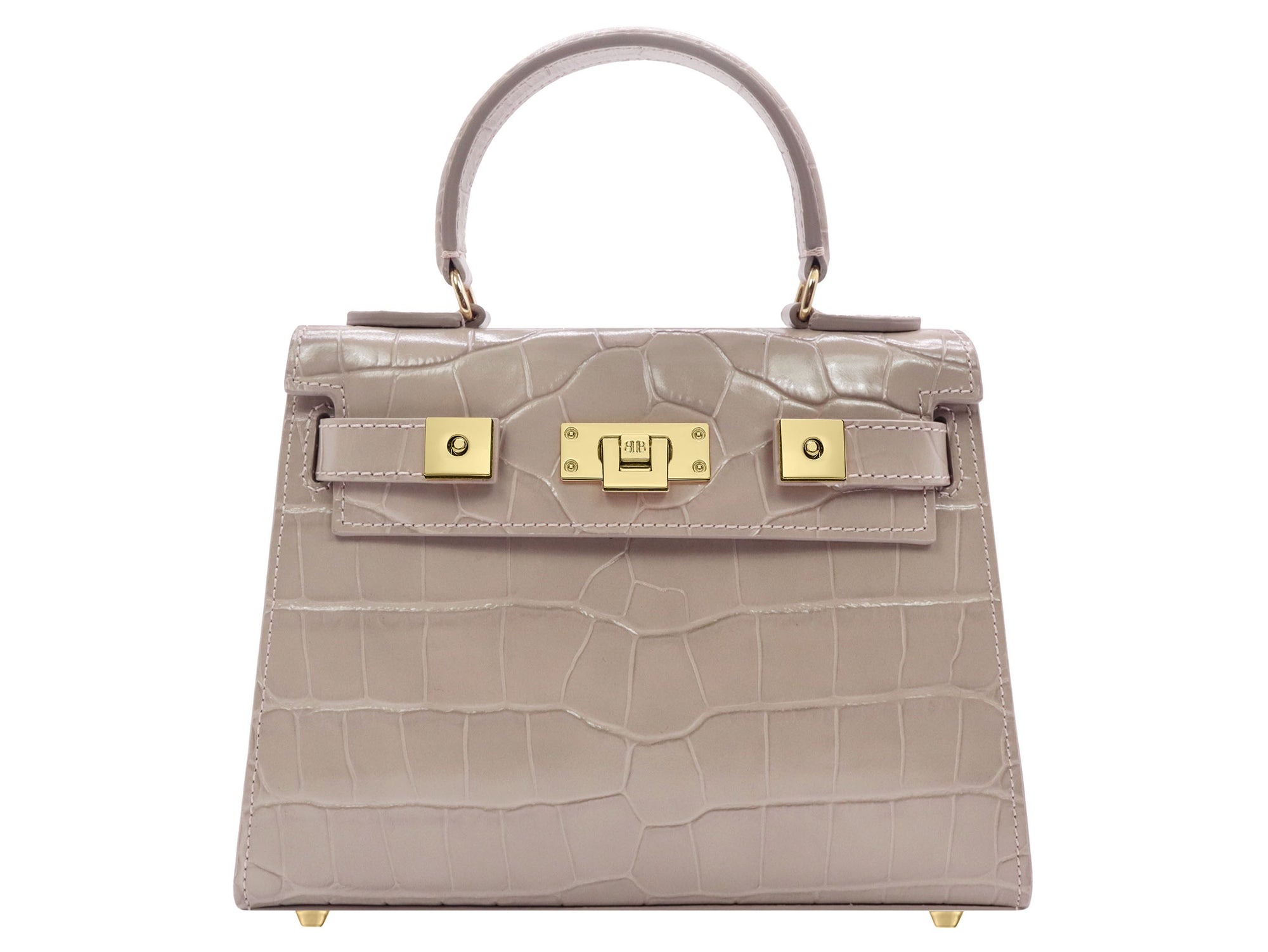 Stone coloured handbag with gold hardware on a white background