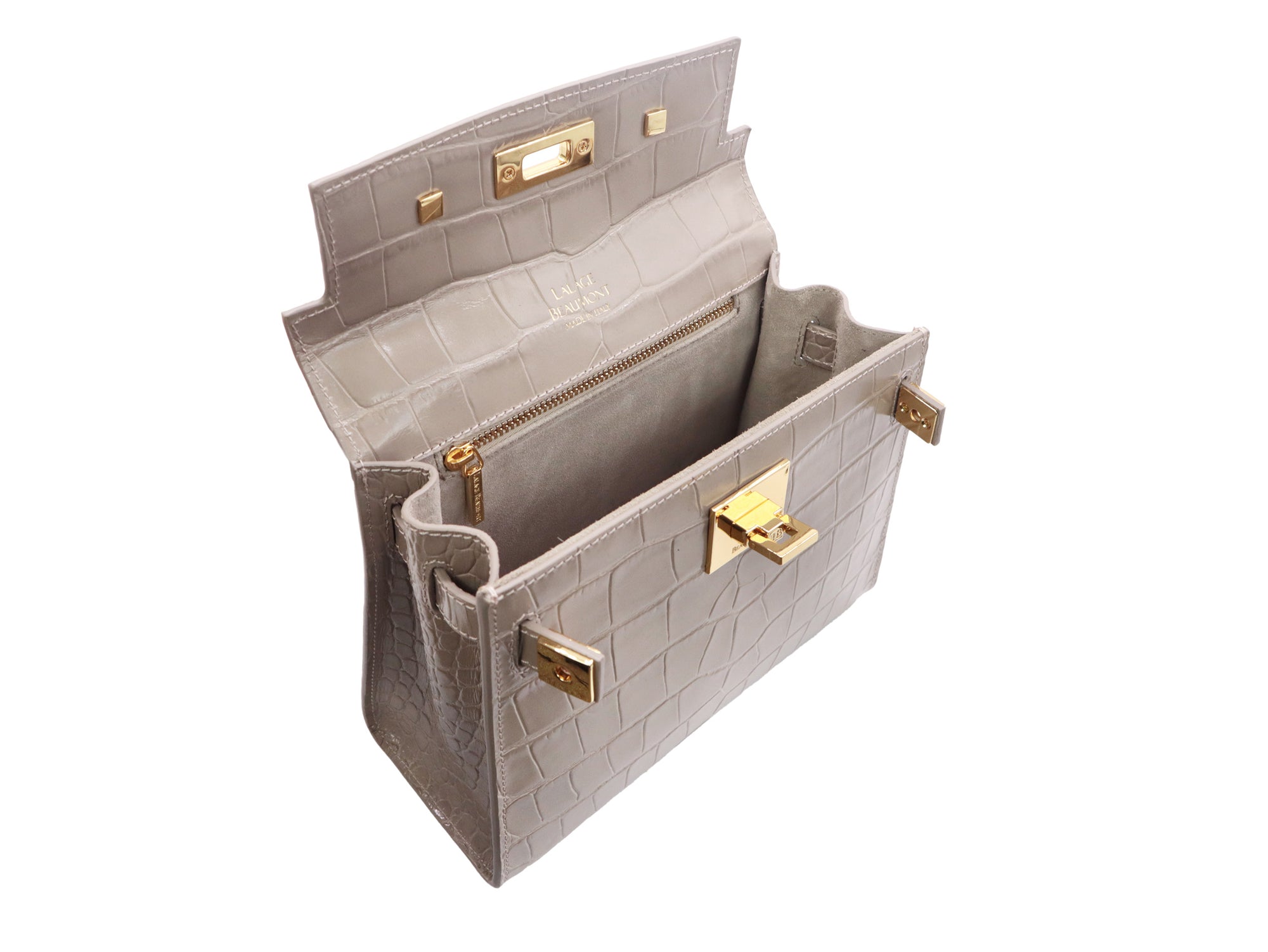 Open stone coloured handbag with gold hardware on a white background